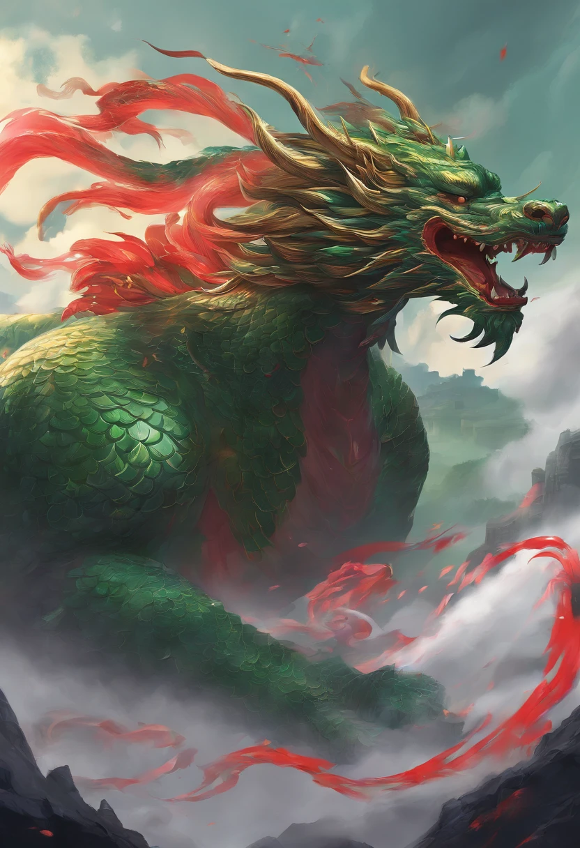 china style,Chinese mythology,Chinese Green Dragon,tosen,Ferocious,immensity,Eyes glow red,glow effect,Surrounded by clouds,Thick clouds,buliding,中景 the scene is,Full body like, Highly detailed surreal VFX,OC rendering,