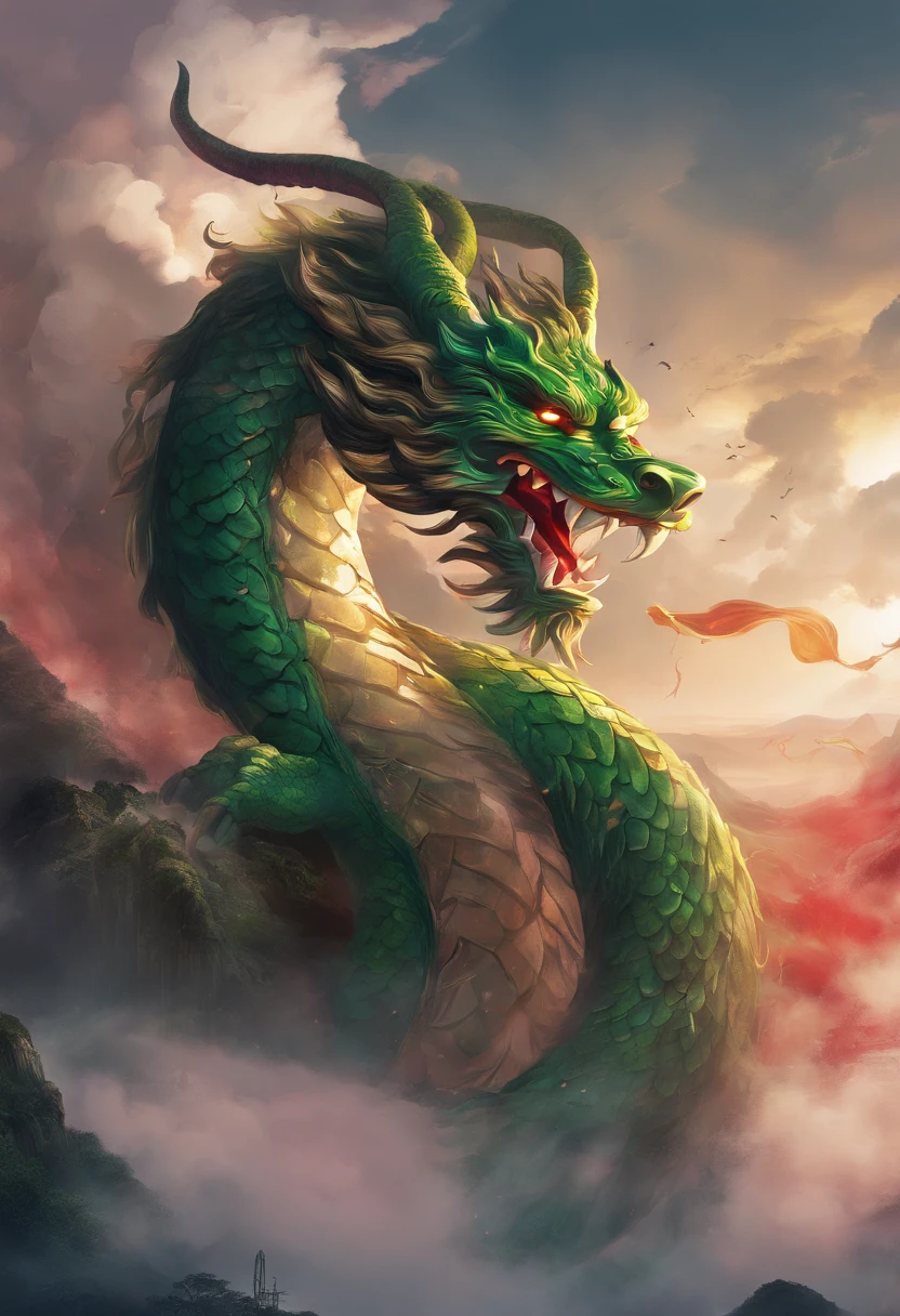 china style，Chinese mythology，Chinese Green Dragon，tosen，Ferocious，immensity，Eyes glow red，glow effect，Surrounded by clouds，Thick clouds，buliding，中景 the scene is，Full body like， Highly detailed surreal VFX，OC rendering，