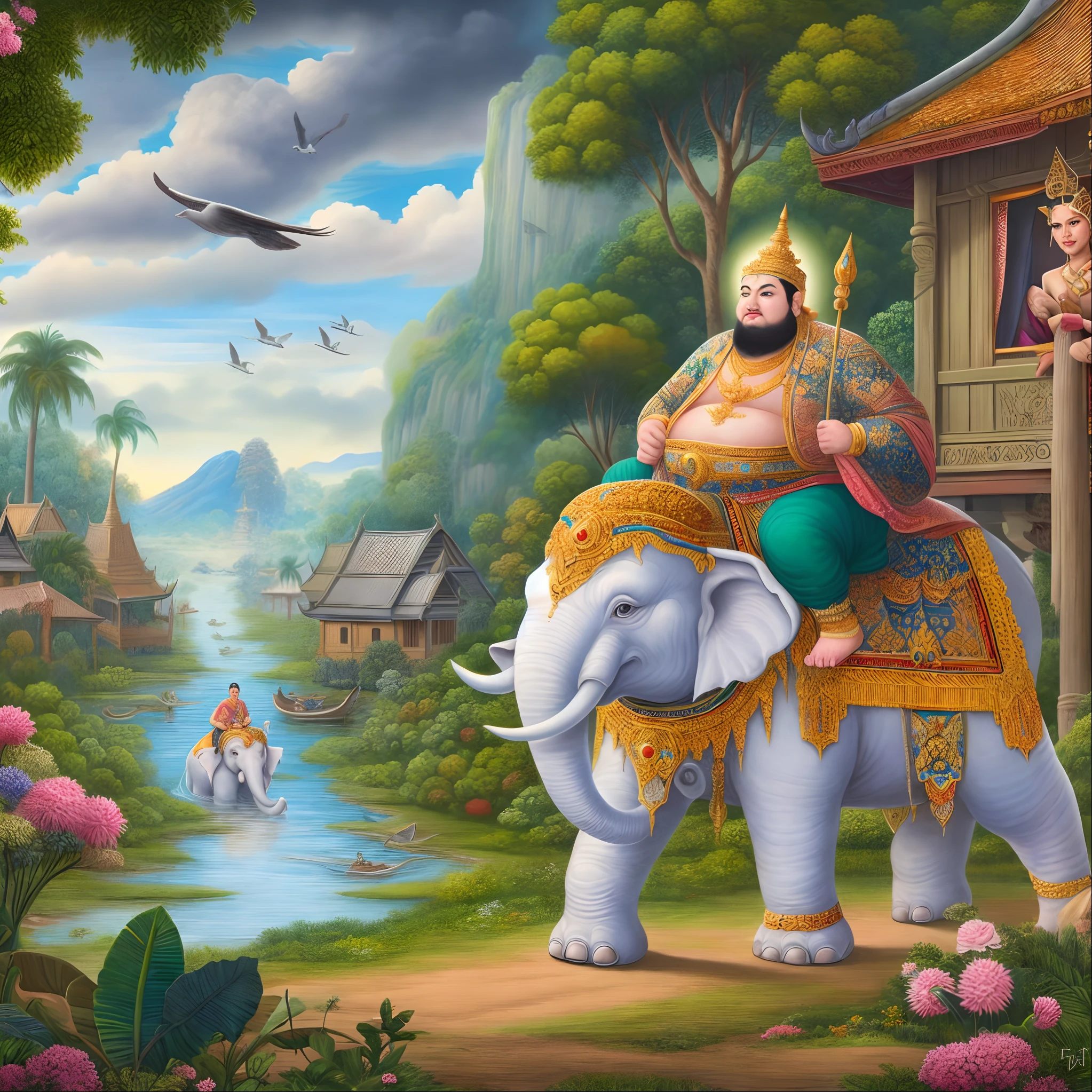 painting of a woman riding an elephant with a man on its back, a beautiful artwork illustration, thailand art, an enormous elephant king, digital cartoon painting art, beautiful digital artwork, fantasy painting hd, hd wallpaper, 4k highly detailed digital art, detailed fantasy digital art, wide angle fantasy art, 4 k hd wallpaper illustration, detailed digital 2d fantasy art