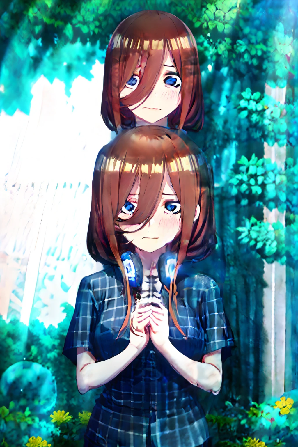 1girl, solo, long hair, breasts, blush, smile, open mouth, bangs, blue eyes, large breasts, brown hair, shirt, holding, hair between eyes, upper body, flower, short sleeves, outdoors, day, collared shirt, plaid, headphones, looking down, sunlight, blue shirt, lens flare, holding flower, headphones around neck, plaid shirt, style novel,