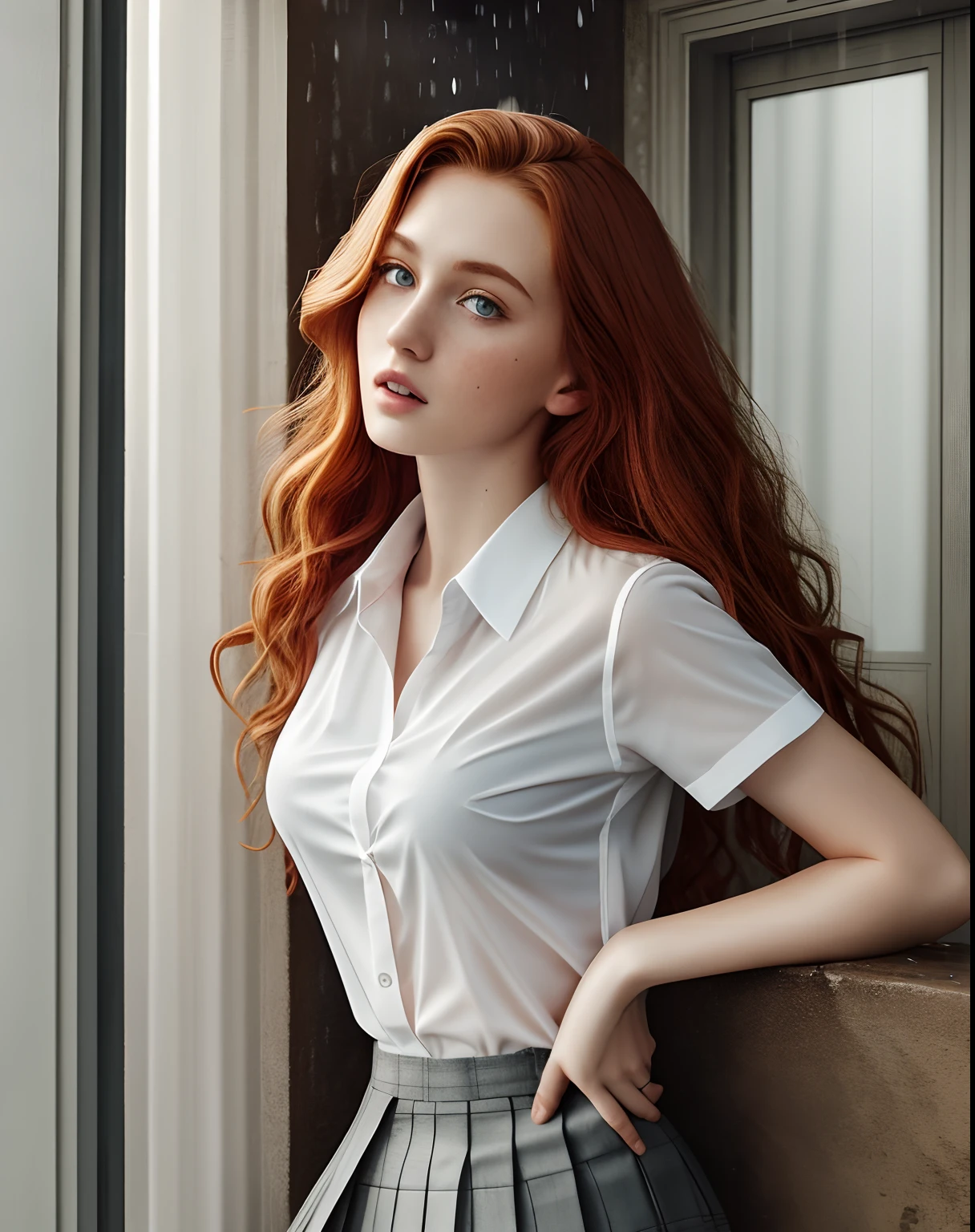 1girl in, 19, Solo, Aesthetic artwork, irish redhead, wavy ginger hair, shoulder length ginger hair, gray eyes, light grey eyes, some small freckles, pale skin, A-cup, small breasts, runners body, fullbody shot, (textured skin, skin pores:1.1), (moles:0.8), imperfect skin, goosebumps, ultra short skirt, ass, shirt, beautiful campus location, around school location, (detailed background), plaid skirt, white shirt, Show a little chest through the shirt, (wet clothes:1.4), ((real rain)), ((wet hair: 1.6)), soaked hair, (Rain drips all body), (White transparent blouse:1.2), ((hard : 1.1)), (wet shirt:1.3), (Black loafers:1.2), (see bra through shirt :1.1), (teardrops:1.2), loafers, blurry background, blurry, plaid, short sleeves, water, school uniform, jewelry, parted lips, lips, pleated skirt, depth of field, (extremely detailed 8k wallpaper), soft lighting, high quality, film grain, Fujifilm XT3 sharp focus, f 5.6, 50mm, High Detail, Sharp focus,(natural light), (seductive), Realistic, ultra realistic, photo realistic, crazy details, complex details, hyper detailed,