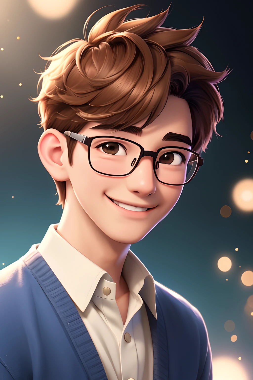 Masterpiece, best quality, Perfect anime illustration, 1 boy, male, close up, smile, very short hair, light particle, glasses