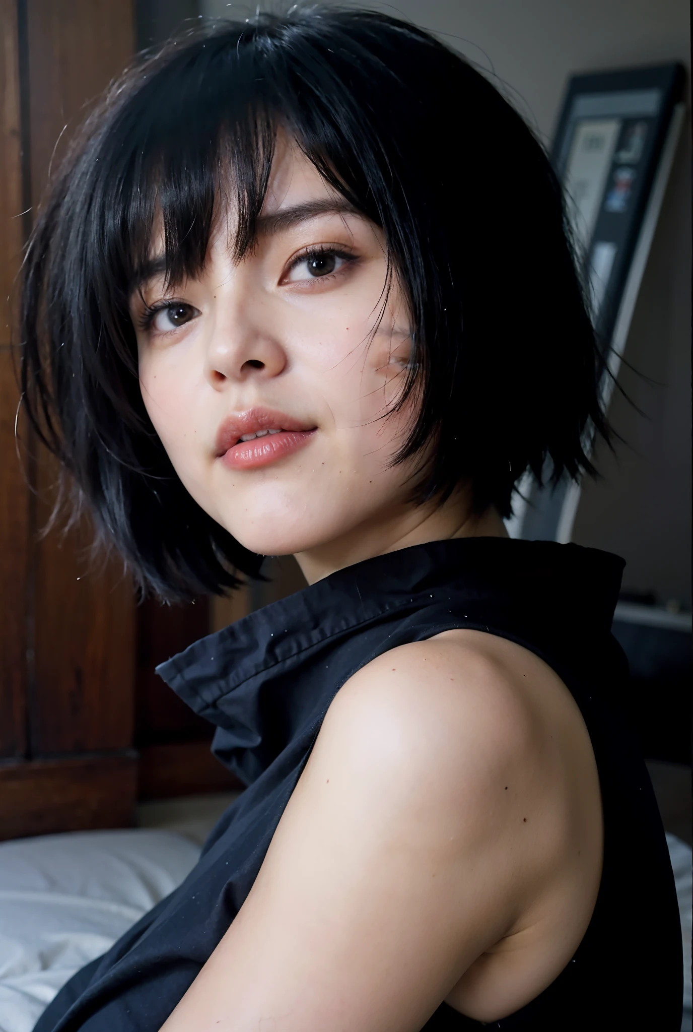 a close up of a woman with a black hair and a blue shirt, fubuki, sui ishida with black hair, High quality image, masterpiece, detailed hair texture, detailed skin texture, detailed cloth texture, 8k, add fabric details, ultra detailed skin texture, ultra detailed photo, skin pores, cloth details, high skin details, realistic hair details, realistic imperfections details