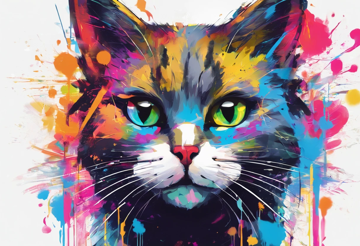 Colorful cat with graffiti and colorful background illustration, (head shot), (focal point of head), (extreme closeup), COOL Character, (full body), Colorful colors, Splashes and blotches of paint, high detailing, pop art, looking at viewer