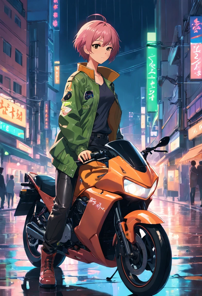 1 guy, Brown skin, Short pink hair, Brown eyes, wearing a brown coat, wearing black_Green leather jacket, Black leather pants, sitting on a cyberpunk motorcycle, At night, Black leather boots, the city street, The ground was wet with rain, fall, during night, Neon login background, Beautiful, absurderes, A high resolution, ultrasharp, 8K, Masterpiece, view the viewer.