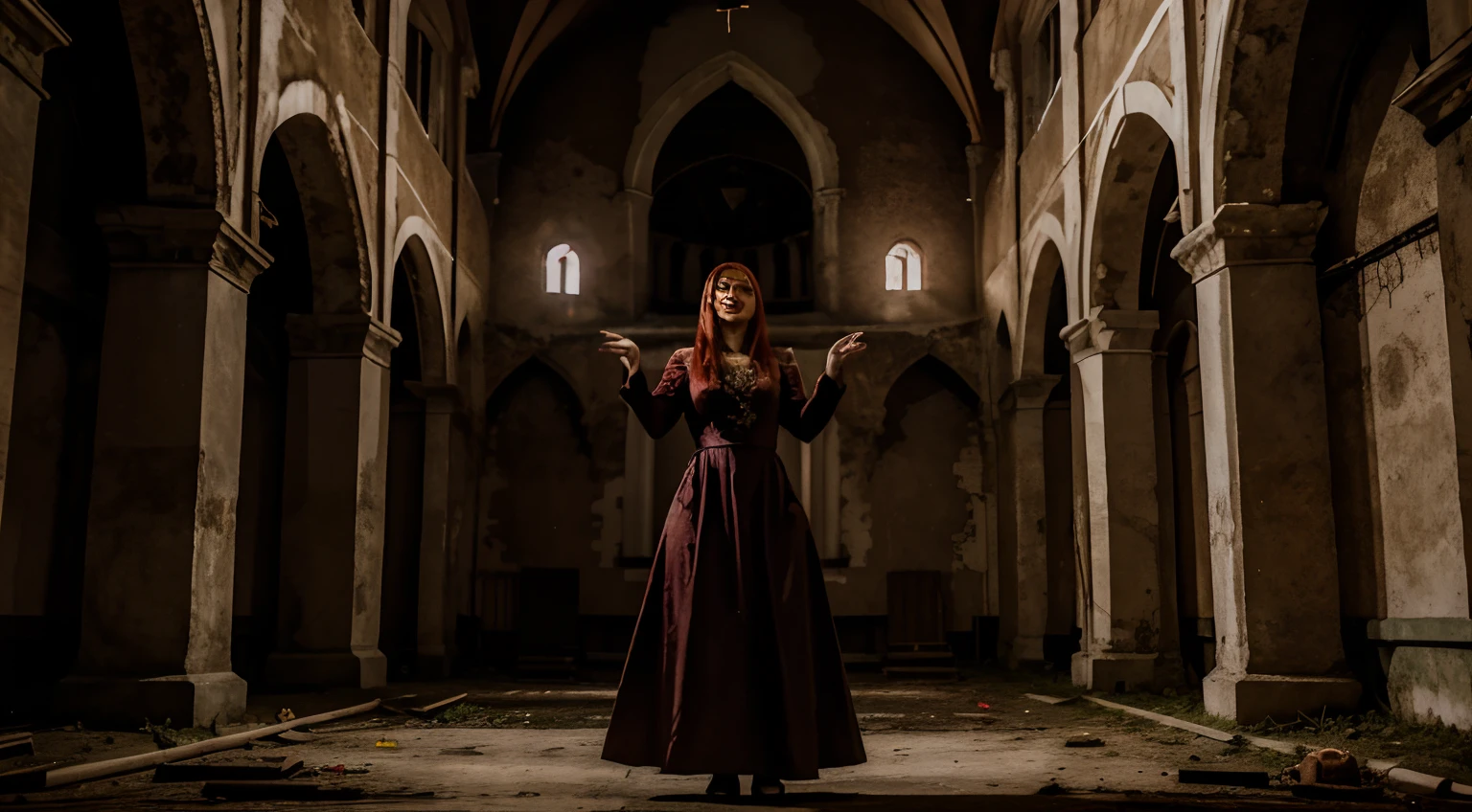 Beautiful mature Russian woman singing in abandoned church, casting spell in magical circle, red hair, magical ritual, wearing summer dress, strong makeup, casting spell, creepy atmosphere, nightime