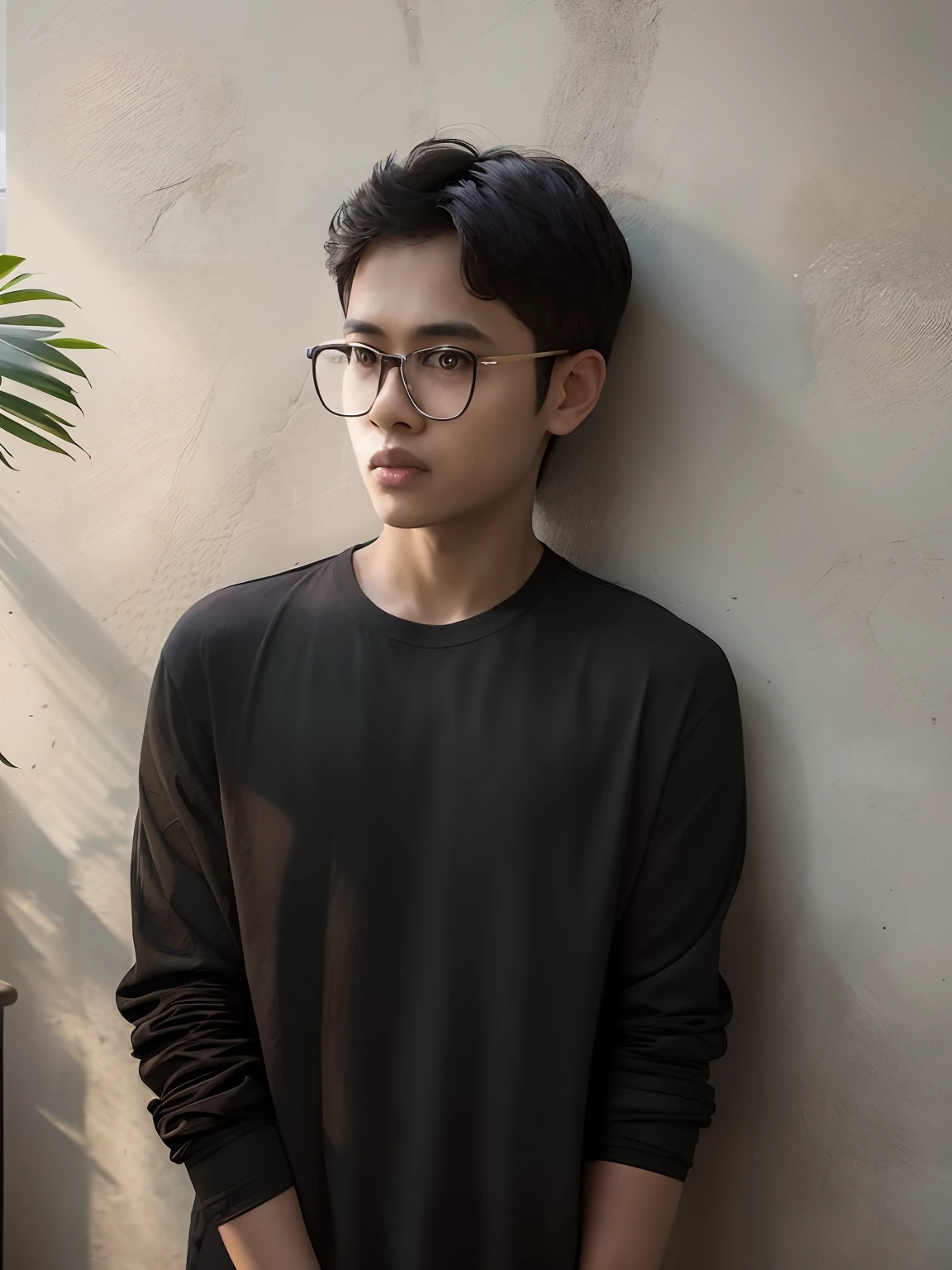 there is a man wearing glasses standing against a wall, with accurate face, with short normal hair, he is wearing a black t-shirt, south east asian with round face, 1 7 - year - old boy thin face, with long hair, with serious face expression, front profile!!!!, nivanh chanthara, with glasses, in front of white back drop