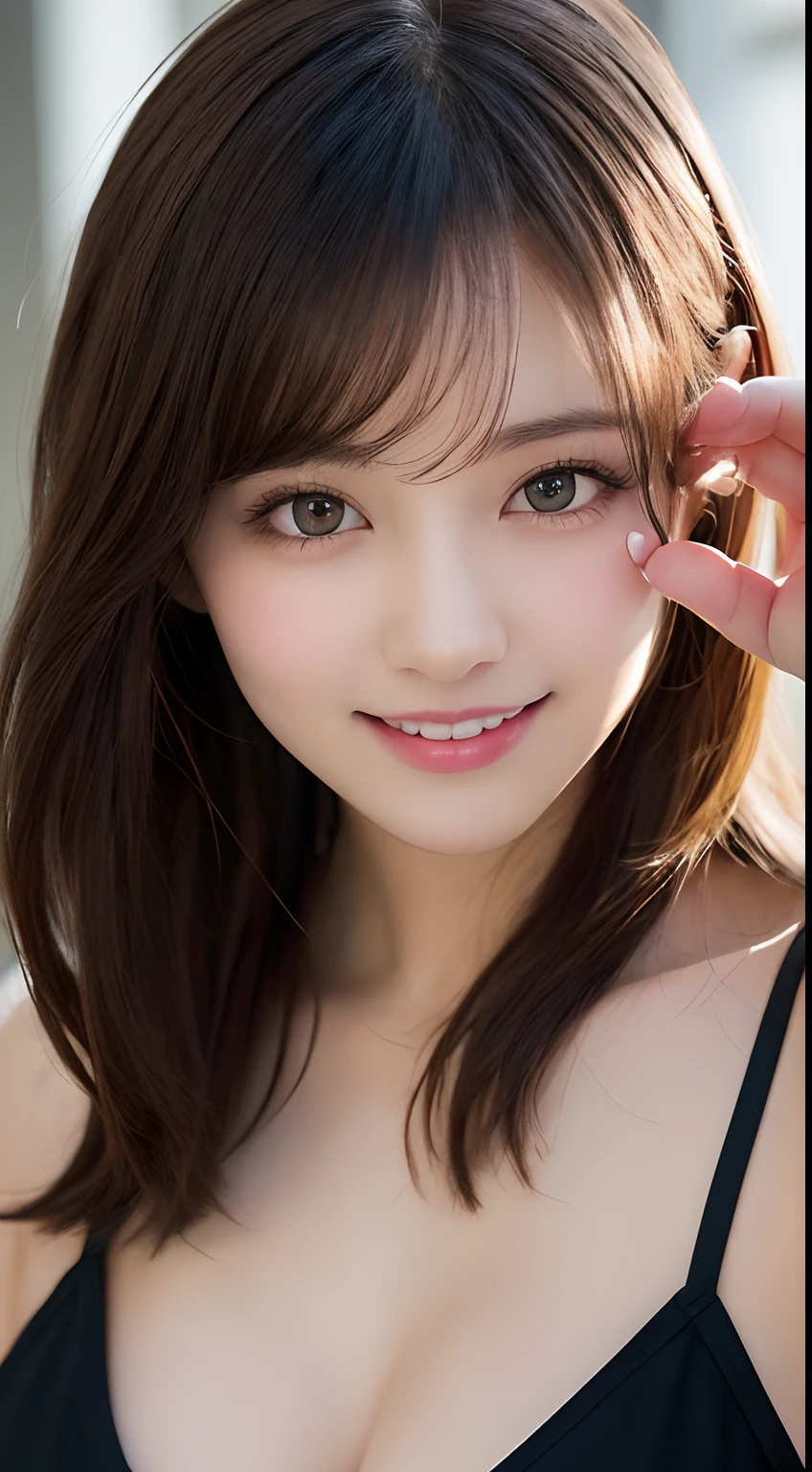 masutepiece, Best Quality, Illustration, Ultra-detailed, finely detail, hight resolution, 8K Wallpaper, Perfect dynamic composition, Beautiful detailed eyes, Women's Fashion Summer,Medium Hair,Small breasts natural color lip, Bold sexy poses,Smile,Harajuku、20 years girl、Cute、Sexy shot looking at camera