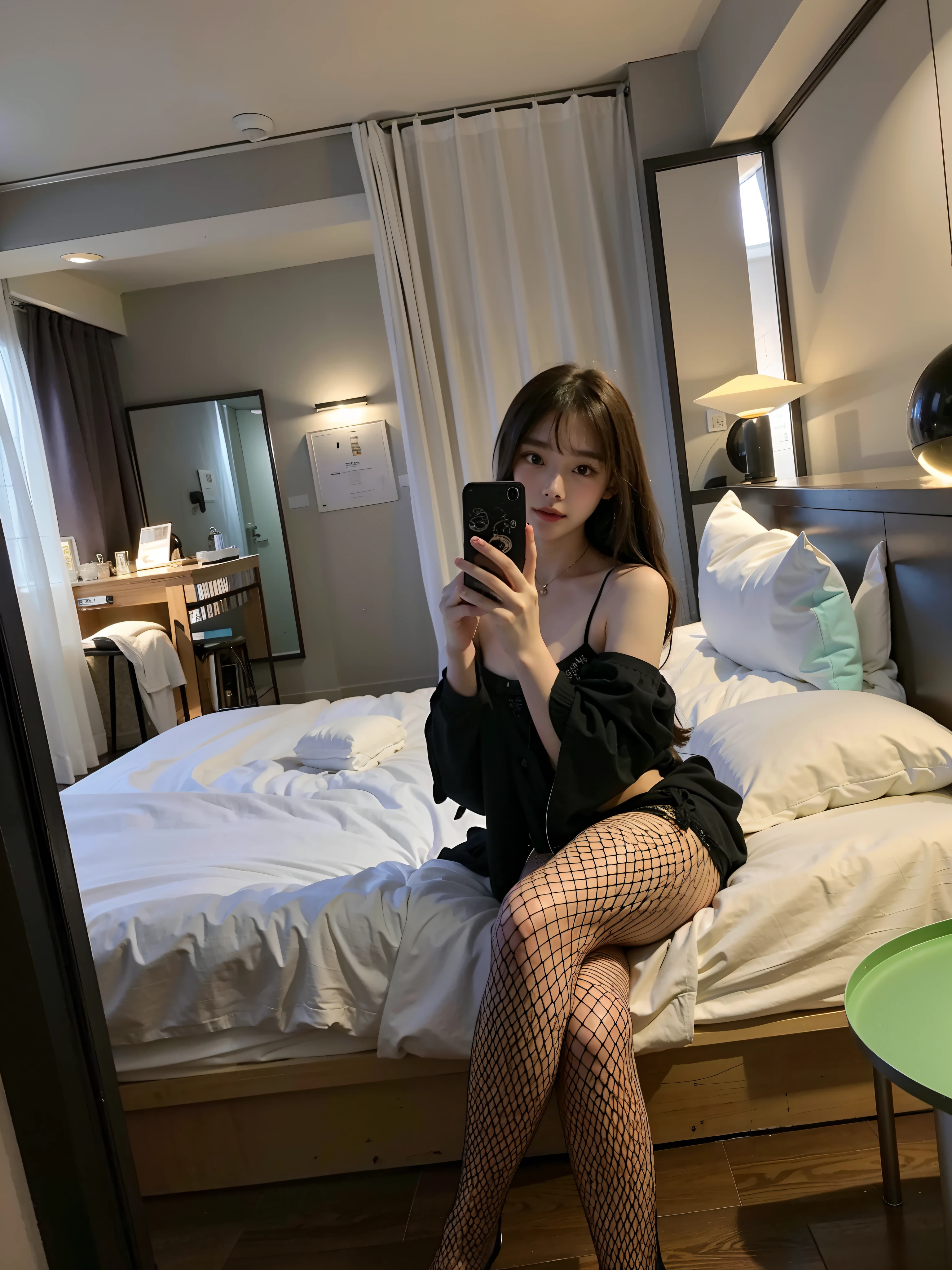 there is a woman sitting on a bed taking a picture of herself, Sitting on the bed, 1 8 I, posing in the bedroom, 2 5 I, sitting on her bed, 21 years old, sit on a bed, 2 2 years old, taken in 2 0 2 0, wenfei ye, selina, EVA, shaxi, jinyiwei