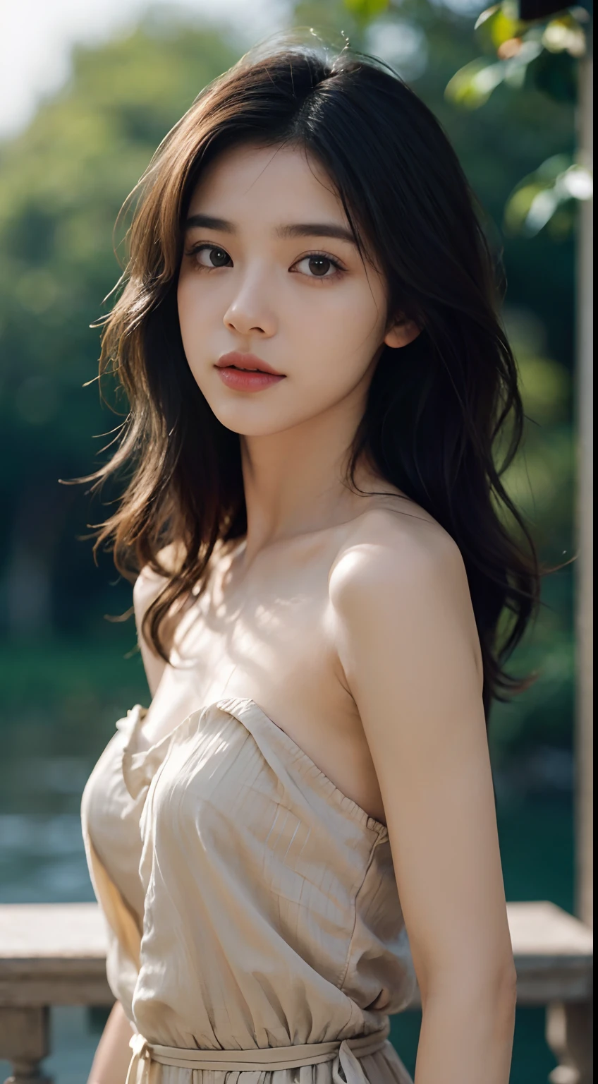 film portrait photography, 1girl, bare shoulders, wavy shoulder-length hair, serene, calm, (realistic detailed eyes, natural skin texture, realistic face details), soft dramatic lighting, depth of field, bokeh, vibrant details, finely detailed, hyperrealistic, 35mm film, hazy blur