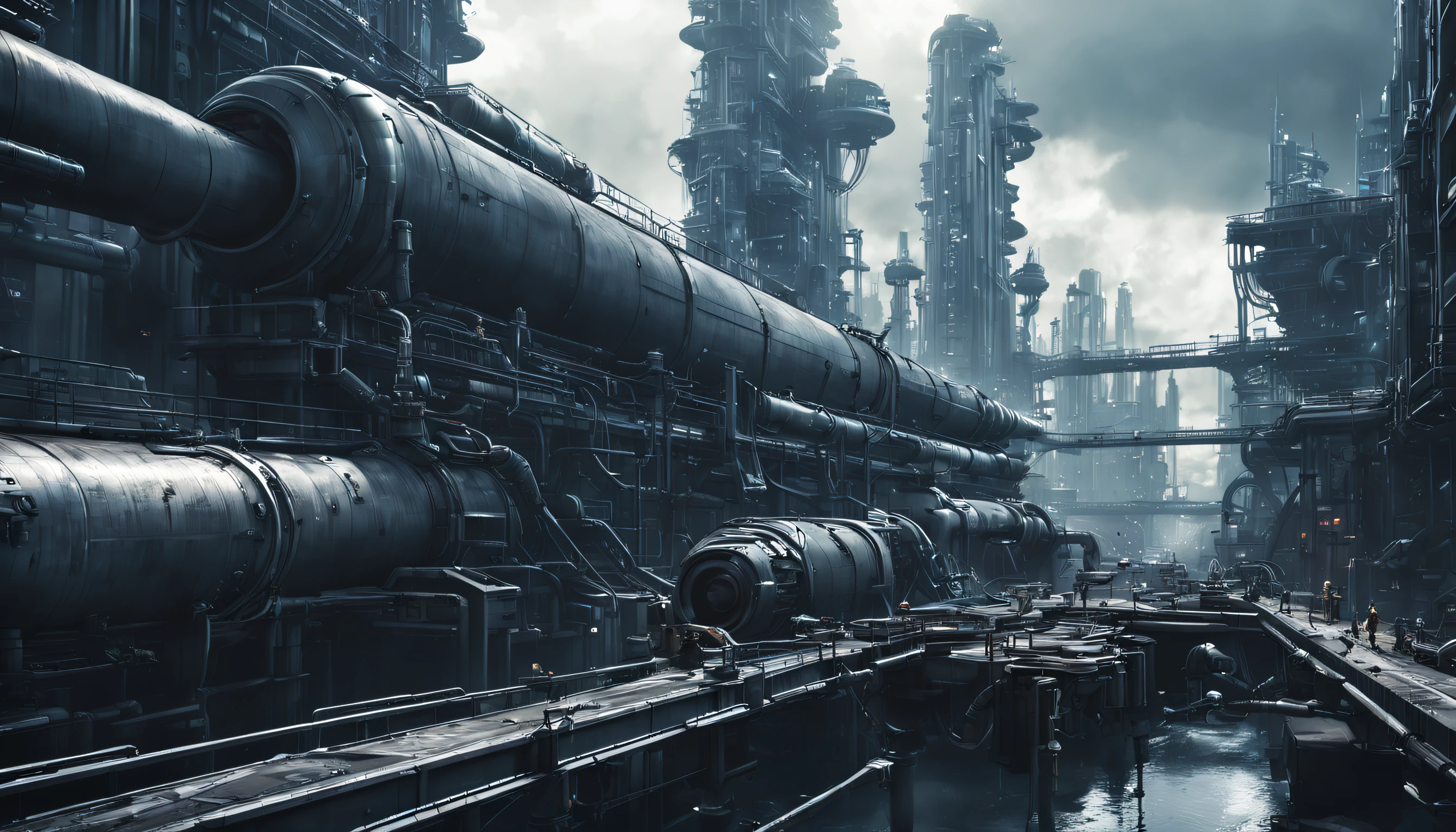 The city of Arafed with a huge pipe that pours water into it, ciel sombre apocalyptique. digital concept art of dystopian, 8K details, Superbe concept art de science-fiction, Star Citizen Concept Art, Octane Render SCI - FI, Environnement dystopique, Detailed science fiction art, Beeple. Rendu octane, Apocalypse de science-fiction dystopique, 3 d octane render conceptart