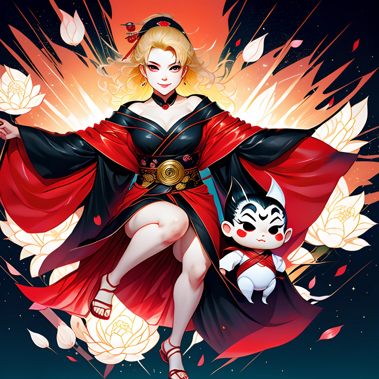 Japanese painting, ukiyo-e style, (chibi character, deformed, full body, big head:1.5, line art), cute vampire, fearless smile, large sparkling fangs protruding from the mouth, messy blonde medium hair, paw pose, red dress and black cloak, wings, iridescent light glass crystal metal-plated fantasy room, background that emits fantastic light, light particles, light sparkles, iridescent light particles, many falling petals --auto