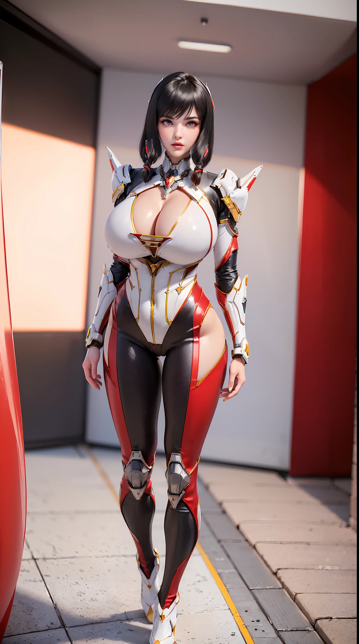 (1GIRL,ALONE:2), (super detailed face), ((mecha phoenix head:1)), (BIG BUTTOCKS, HUGE FAKE BREASTS:1.5), (CLEAVAGE TOP:1.3), (MUSCULAR ABS:1.3), (MECHA GUARD ARM:1.4), ((WEAR RED WHITE MECHA OVERWATCH ARMOR SUIT, BLACK MECHA SKINTIGHT SUIT PANTS, MECHA GUARD ARMOR LEGS, HIGH HEELS:1.5)), (THICC MUSCULAR FEMALE BODY), (GLOWING SKIN:0.8), (LONG LEGS, FULL BODY:1.1), (LOOKING AT VIEWER:1.3), (female focus:0.886), (STAND UP STRAIGHT HALLWAY OF FUTURISTIC SPACE STATION:1), (BRIGHT LIGHT WHITEROOM:1.3), SUPER TEXTURE, UNREAL ENGINE RENDER, PHYSICALLY-BASED RENDERING, ULTRA HIGHT DEFINITION, 16K, 1080P.