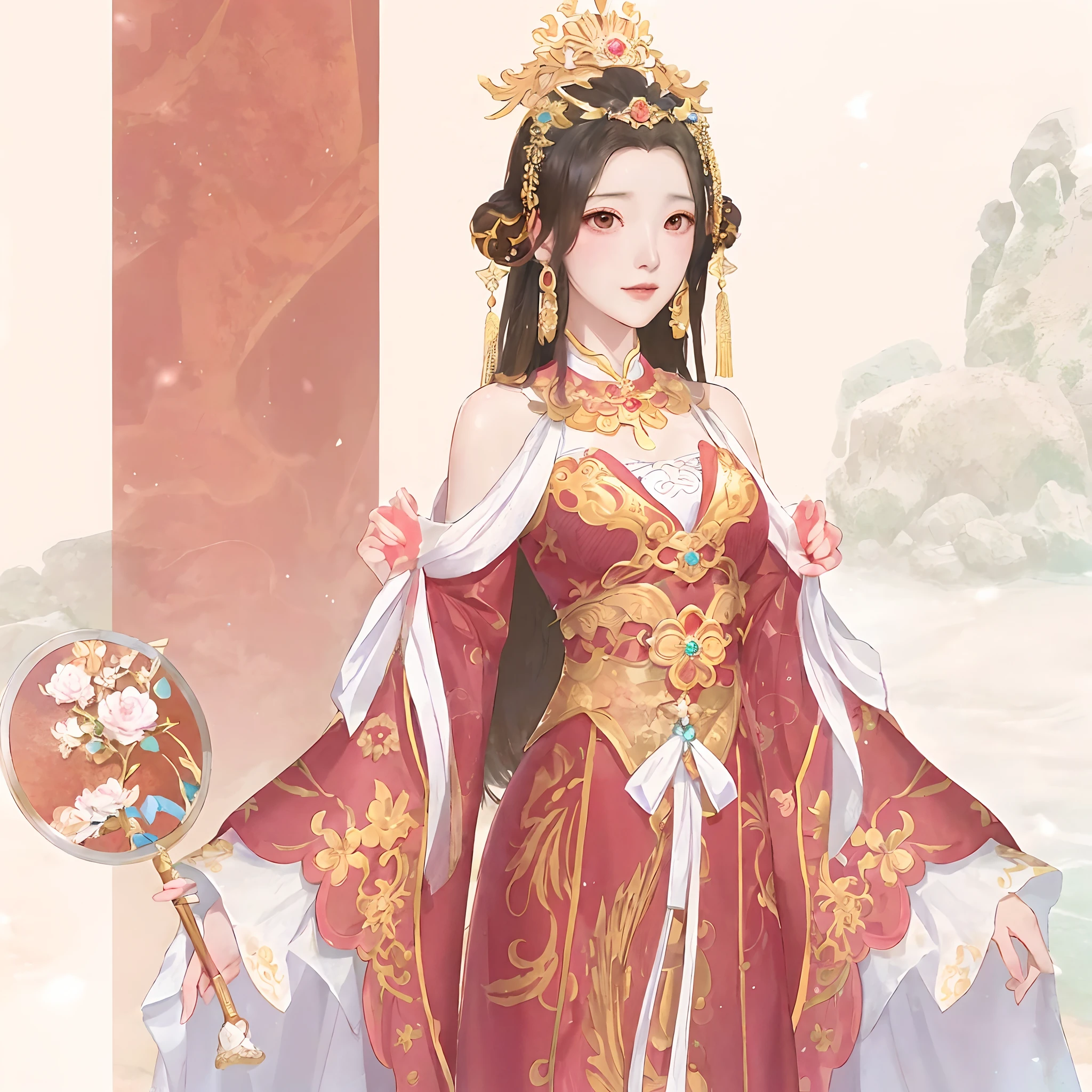 Anime girl in pink dress，Holding a fan in your hand, queen of the sea mu yanling, a beautiful fantasy empress, Inspired by Lan Ying, inspired by Park Hua, ((a beautiful fantasy empress)), Palace ， A girl in Hanfu, full-body xianxia, gilded lotus princess, Inspired by Qiu Ying, inspired by Ma Yuanyu