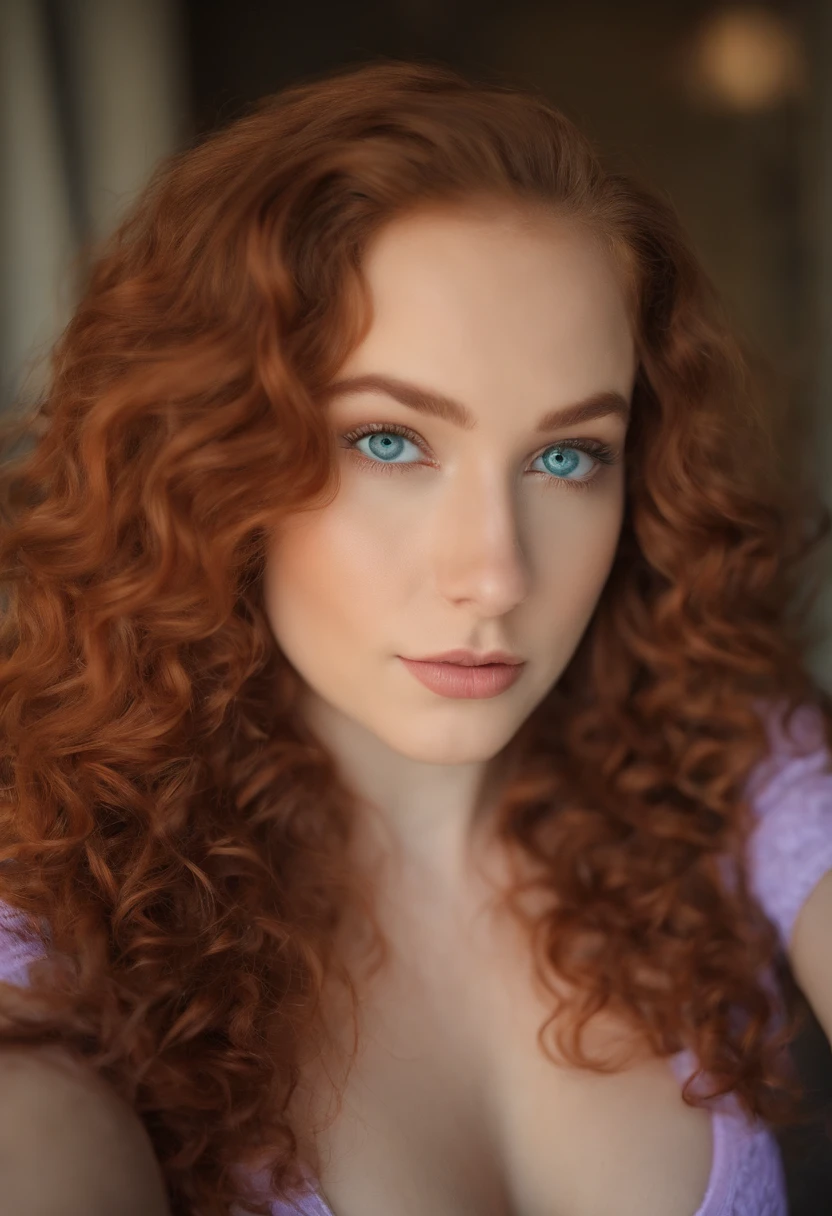 18-year-old, sexy girl with blue eyes, portrait, large breasts, red long curly hair and large eyes, selfie of a young woman, bedroom eyes, violet myers, without makeup, natural makeup, looking directly at the camera, face with artgram, subtle makeup, stunning full body shot, piercing green eyes, bodi with artgram, without clothes, without underwear, transparent bra and panties