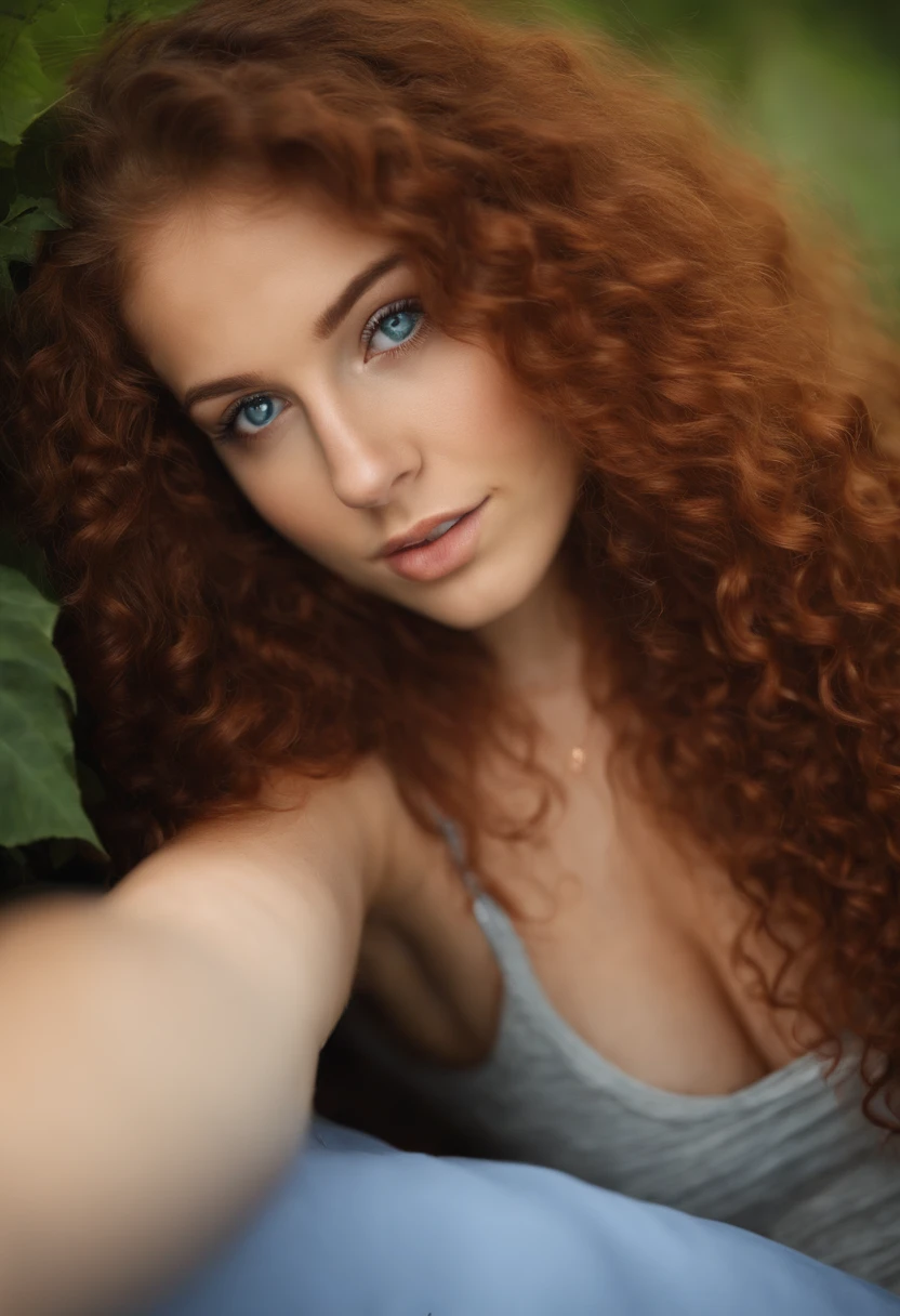 18-year-old, sexy girl with blue eyes, portrait, large breasts, red long curly hair and large eyes, selfie of a young woman, bedroom eyes, violet myers, without makeup, natural makeup, looking directly at the camera, face with artgram, subtle makeup, stunning full body shot, piercing green eyes, bodi with artgram, without clothes, without underwear, transparent bra and panties