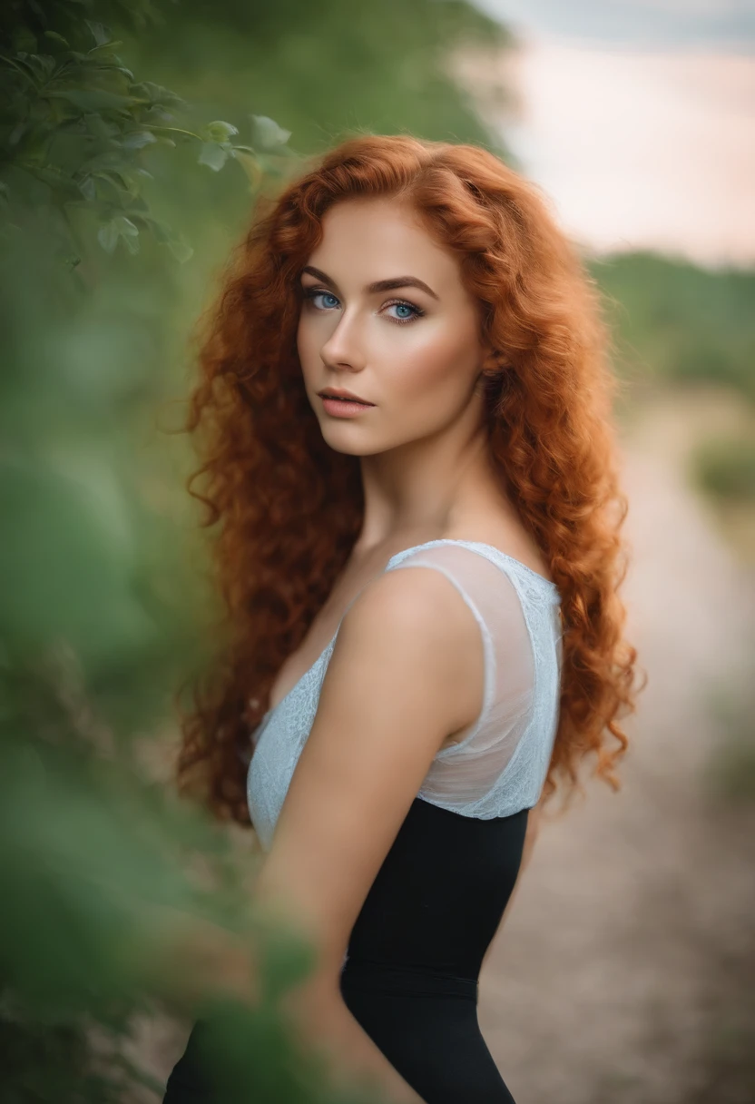 18-year-old, sexy girl with blue eyes, portrait, large breasts, red long curly hair and large eyes, selfie of a young woman, bedroom eyes, violet myers, without makeup, natural makeup, looking directly at the camera, face with artgram, subtle makeup, stunning full body shot, piercing green eyes, bodi with artgram, without clothes, without underwear, transparent bra and panties