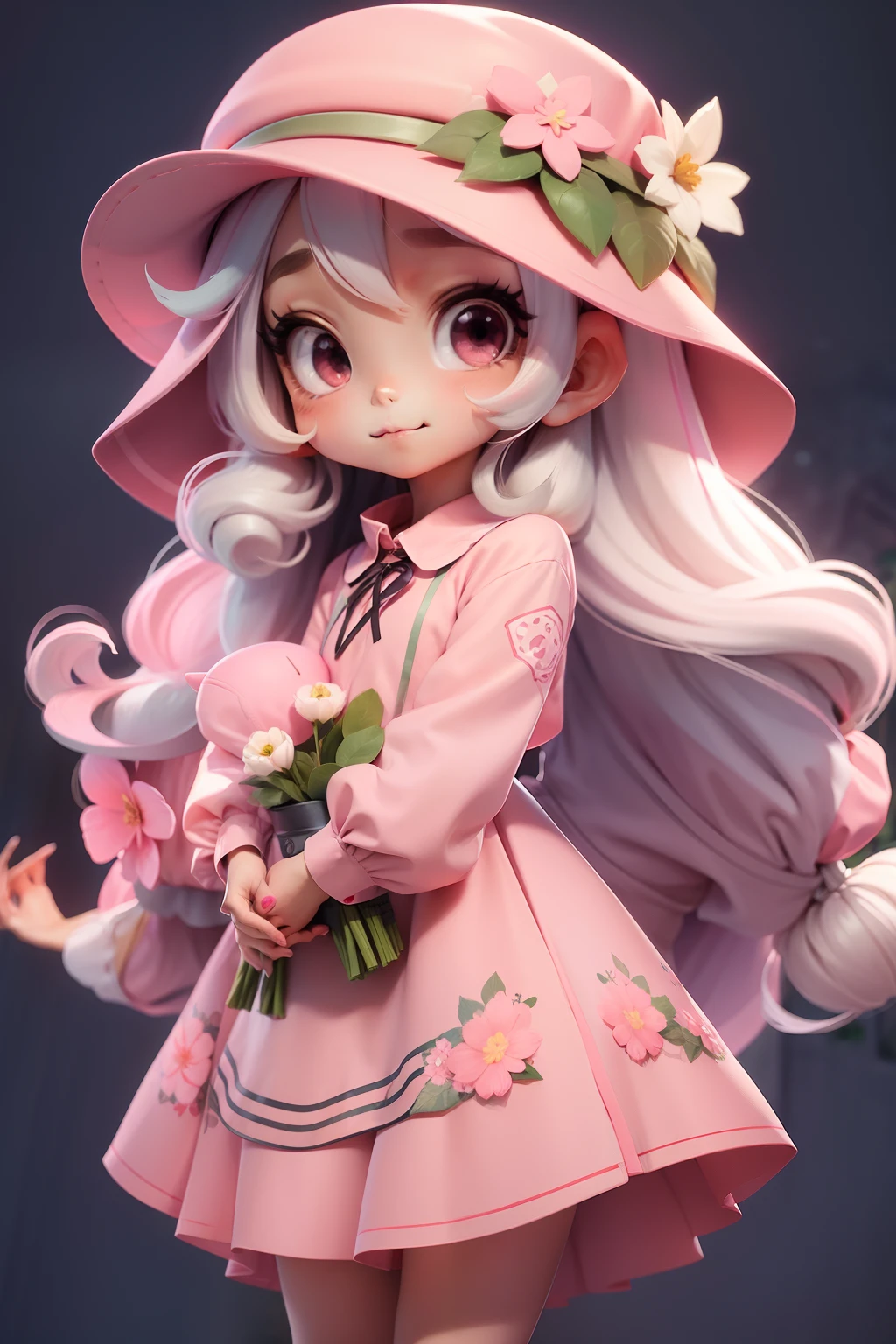 Blonde girl with curly long hair and brown eyes wearing a pink mage outfit. She is carrying a bouquet of white flowers and it's raining petals