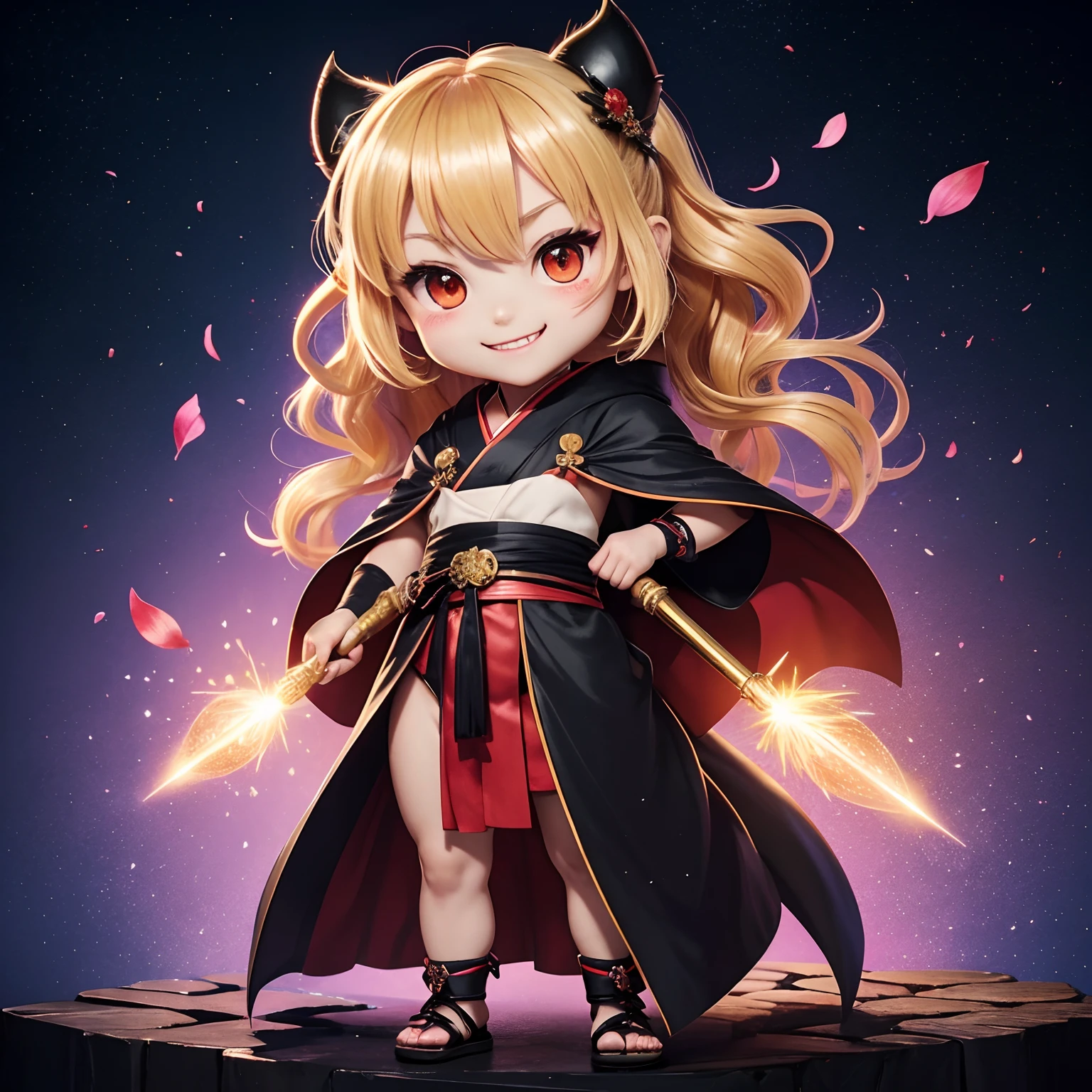 Japanese painting, ukiyo-e style, (chibi character, deformed, full body, big head:1.5, line art), cute vampire, fearless smile, large sparkling fangs protruding from the mouth, messy blonde medium hair, paw pose, red dress and black cloak, wings, iridescent light glass crystal metal-plated fantasy room, background that emits fantastic light, light particles, light sparkles, iridescent light particles, many falling petals