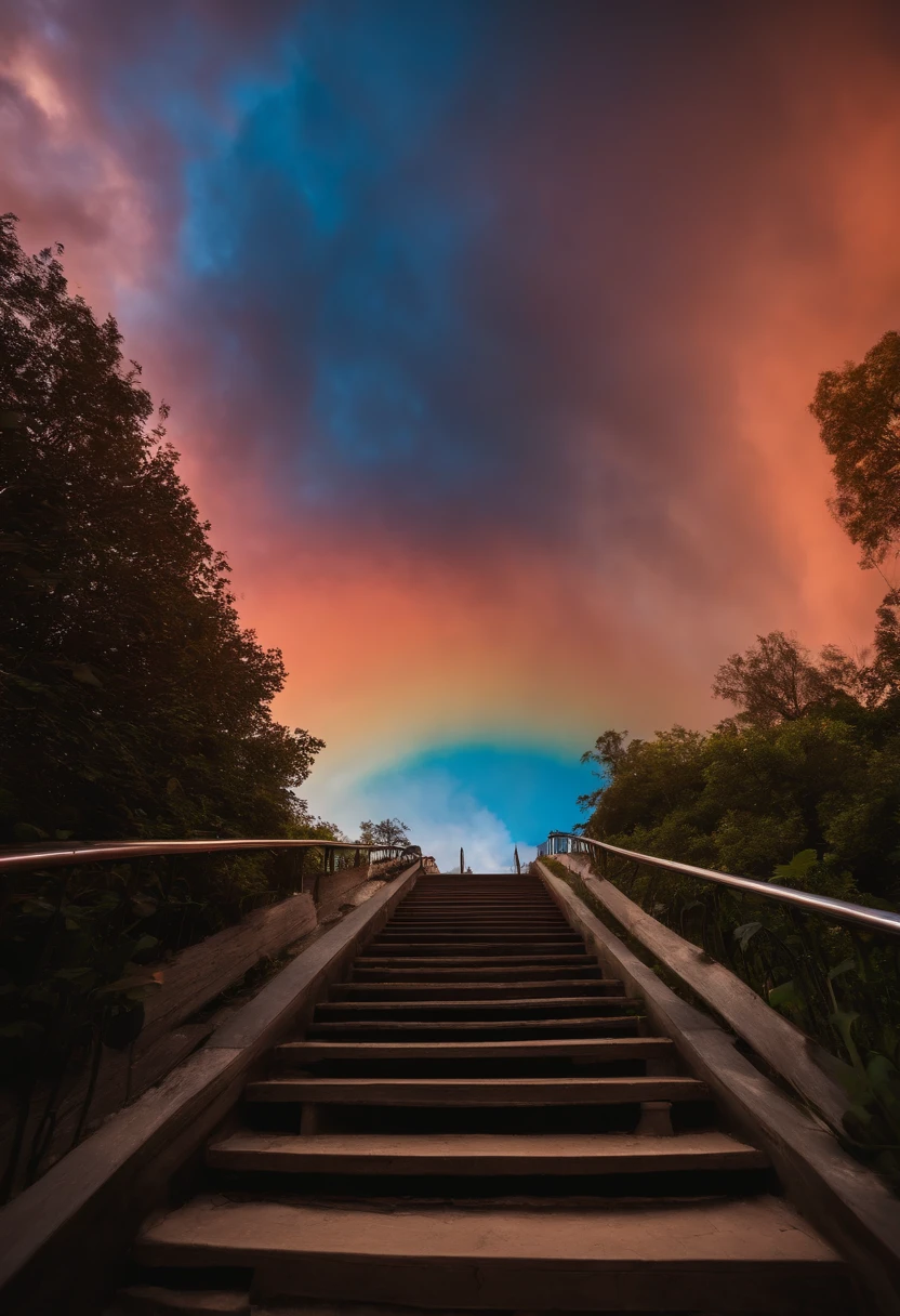 Close-up of the stairs leading to the rainbow sky, stairway to heaven, A very colorful heaven, stairs from hell to heaven, Leading to the Sky, Rainbow clouds, Colors of Heaven, Rainbow Trail, Colorful sky, Rainbow clouds, Heaven!!!!!!!!, rainbow, Rainbow colors, Psychedelic sky, In beautiful colors, Irridescent color, colorful dream, colorful skies