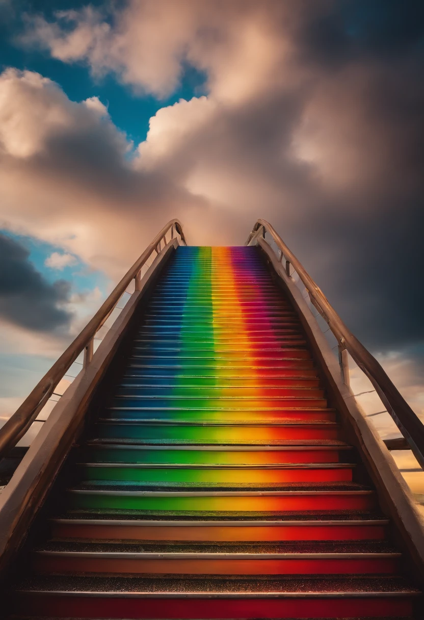 Close-up of the stairs leading to the rainbow sky, stairway to heaven, A very colorful heaven, stairs from hell to heaven, Leading to the Sky, Rainbow clouds, Colors of Heaven, Rainbow Trail, Colorful sky, Rainbow clouds, Heaven!!!!!!!!, rainbow, Rainbow colors, Psychedelic sky, In beautiful colors, Irridescent color, colorful dream, colorful skies