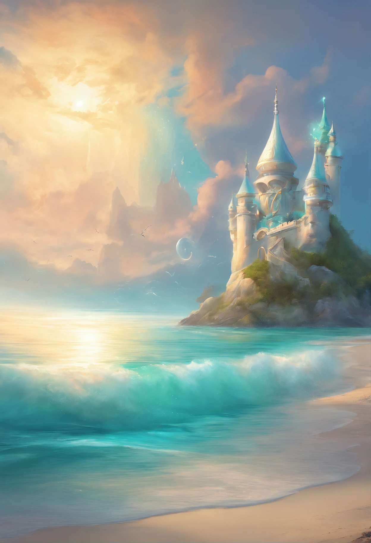 A white sand beach with stunning turquoise water. On the horizon there stands a beautiful off White Castle that has the shape of a spiral shell. What looks like a miniature peacock flies above