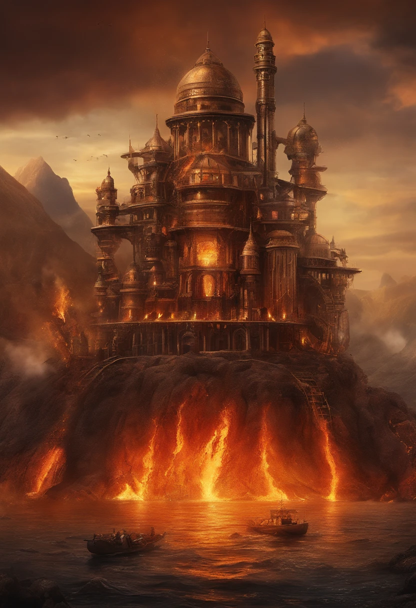 Lakeside lava and lava Mount Araf, an ancient city on fire, volcano background, a volcano erupts, mount doom, volcano landscape, fantasy epic digital art, 8k matte painting, 8 k matte painting, volcano exploding, Illustration matte painting, 4k highly detailed digital art, volcano setting, a volcano erupts, fantasy matte painting