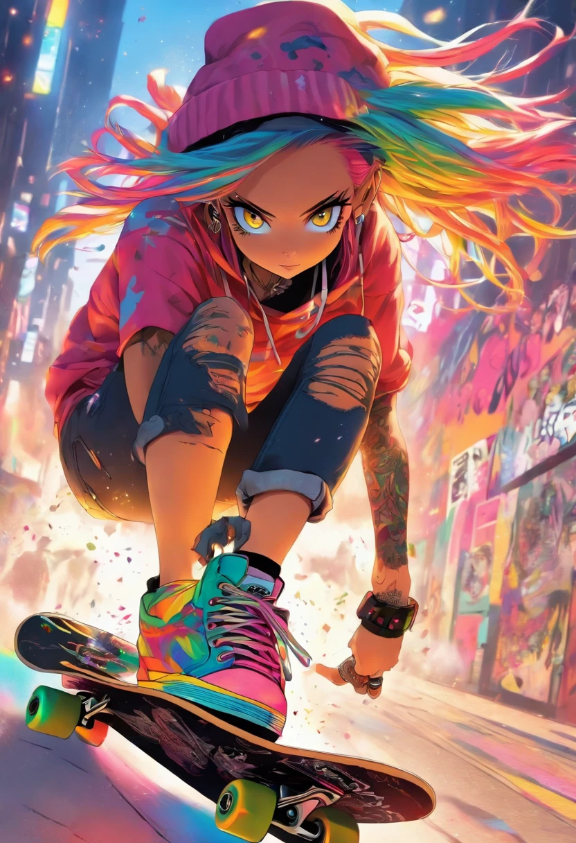The most beautiful and sexy skateboarding girls, rainbow-colored hair, Yellow eyes, Wearing hoodie, graphic t-shirt, Torn skinny jeans and highly detailed skateboarding gear, Lots of tattoos and piercings, Highly detailed background, perfect masterpiece, High quality, High resolution