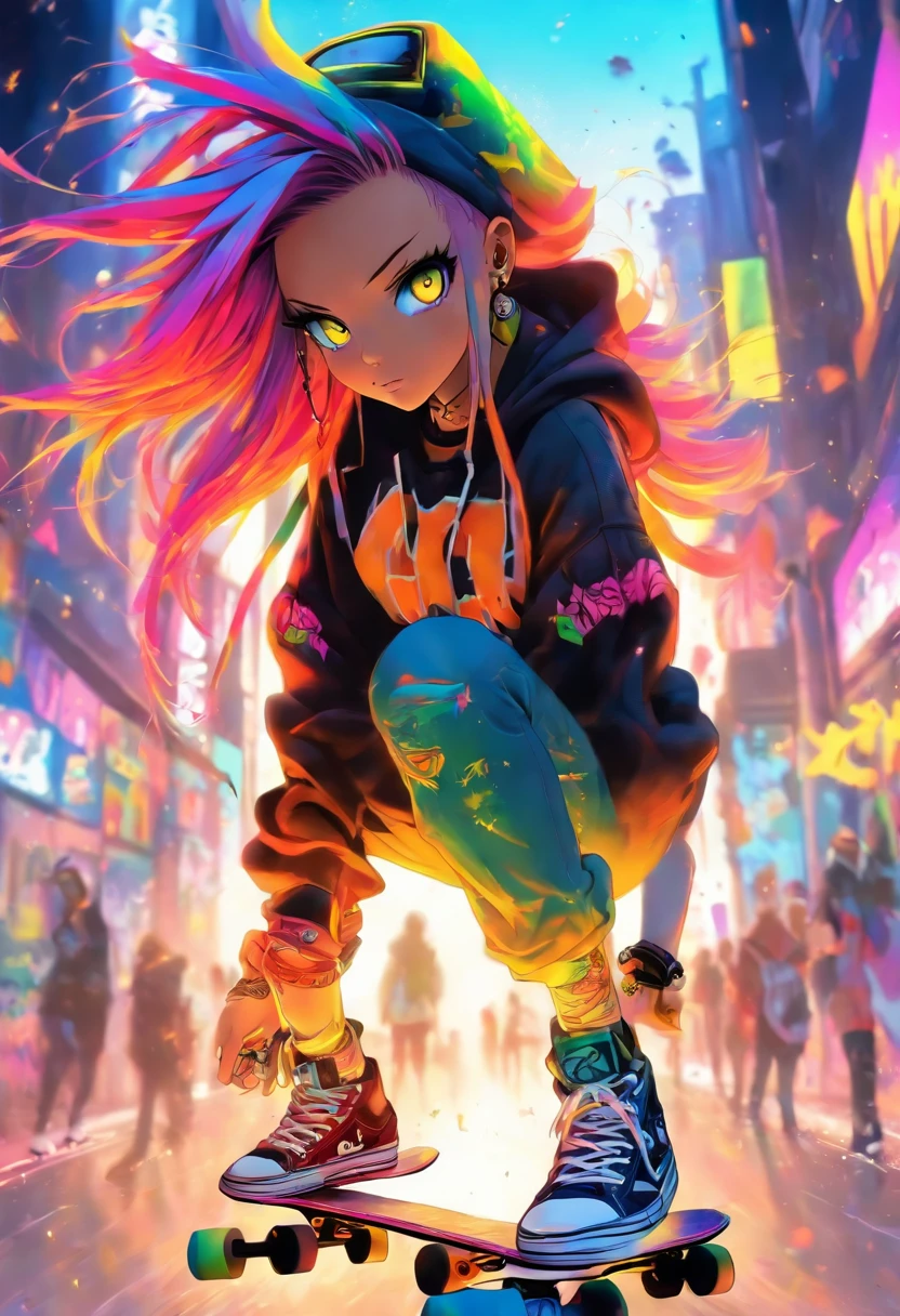 The most beautiful and sexy skateboarding girls, rainbow-colored hair, Yellow eyes, Wearing hoodie, graphic t-shirt, Torn skinny jeans and highly detailed skateboarding gear, Lots of tattoos and piercings, Highly detailed background, perfect masterpiece, High quality, High resolution