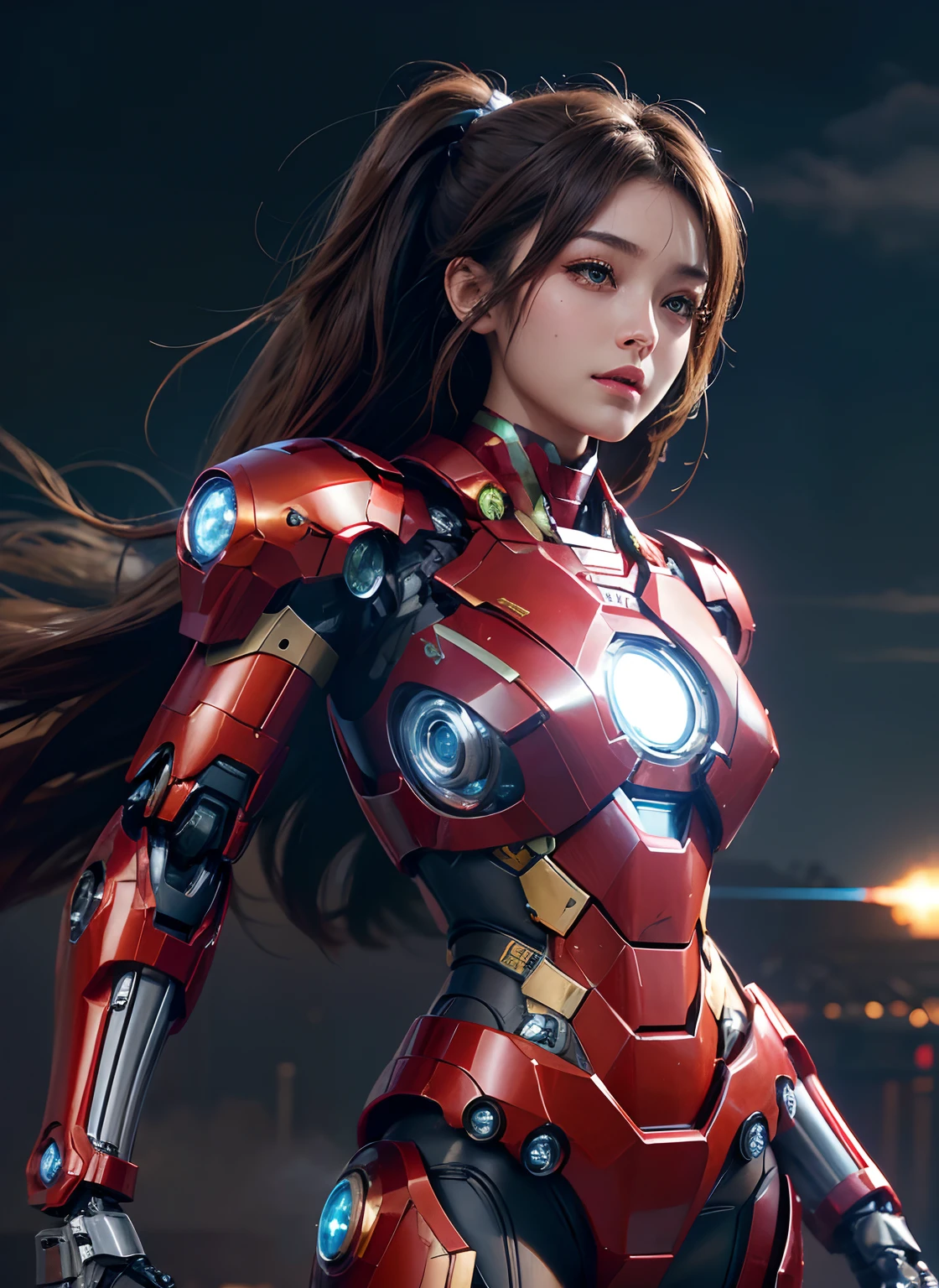 Textured skin, Super Detail, high details, High quality, Best Quality, hight resolution, 1080p, hard disk, Beautiful,(Iron Girl),beautiful cyborg woman,Mecha Cyborg Girl,Battle Mode,Girl with a Mecha Body,She wears an Iron Man mech,Fulll body Shot