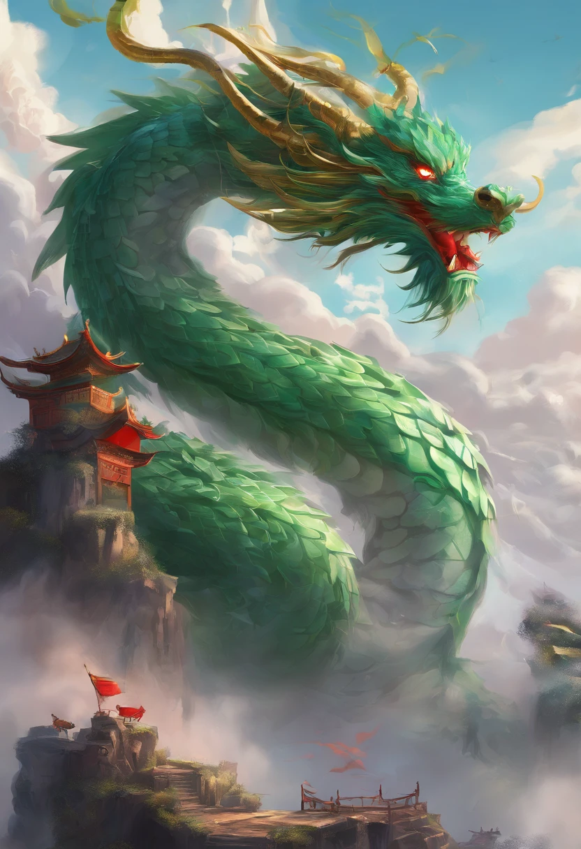 plushies，china style，Chinese mythology，Chinese Green Dragon，tosen，Ferocious，immensity，Eyes glow red，glow effect，Surrounded by clouds，Thick clouds，buliding，中景 the scene is，Full body like， Highly detailed surreal VFX，OC rendering，