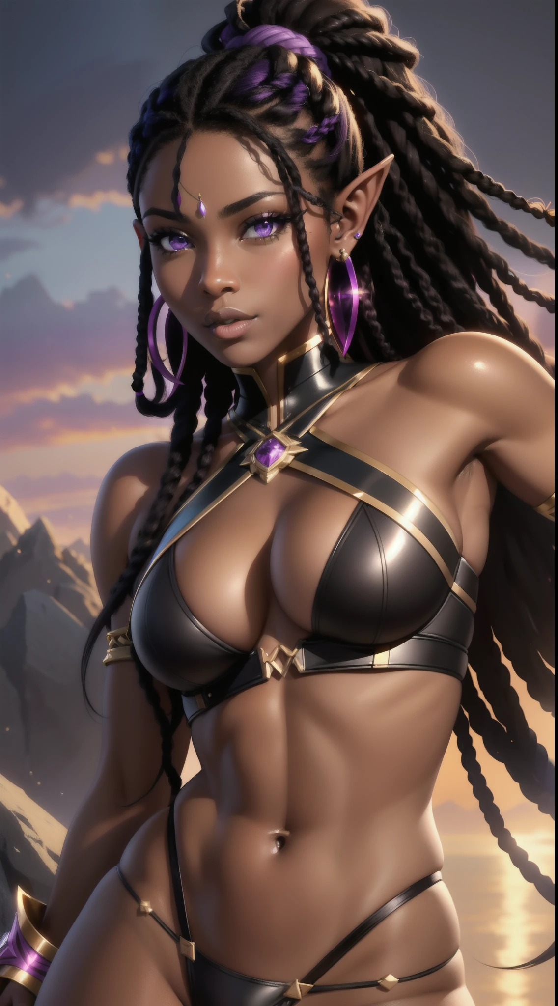 Portrait of an African-American female, with dark black dreadlocks, purple eyes, dark brown skin, pointed ears, small nose, sexy combat attire, skimpy attire, close-up shot, perfect composition, hyper-detailed, 8K, high quality, perfect eyes, trending art, trending on artstation, sharp focus, studio photo, intricate details