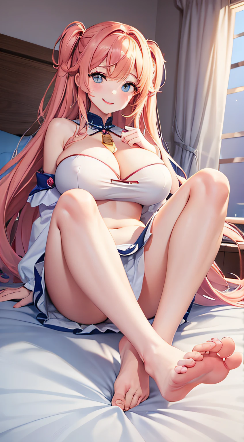 Cartoon picture of woman with big breasts sitting on bed,There is a comic bubble overhead,1个Giant Breast Girl,The barefoot,Blushlush,nedium breasts,The eyebrows are visible through the hair,the feet,long whitr hair,looking at viewert,pantiess,sitted,ssmile,独奏,toes,underdressing