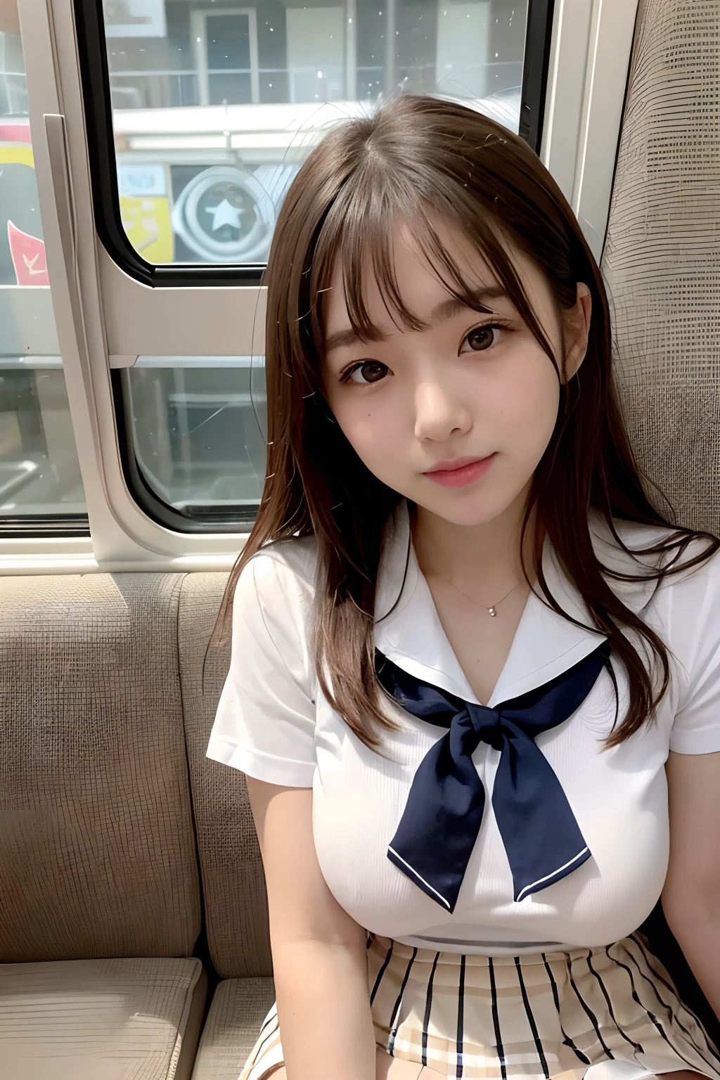 top-quality,ultra-detailliert,masterpiece,realisitic,Photo Real,Bright lighting,1 girl in, The most beautiful -yeld giin the world, (kawaii:1.2),Thin smile, (Brown eyes),(brown haired),(bangss),perfect glossy skin,flawless skin,((erotick,Sexy and sexually explicit)),((accurate hands without incongruity)), large full breasts,big breasts thin waist, Look at viewers,((a sailor suit)),((Short sleeve uniform white shirt)),(red necktie),(Blue Mini Pleated Skirt),(((skirt lift by yourself))),(lifted by self),(Showing panties),panties on,panties focus,((Sit up,spread legswide)), sockes, (Black knee socks),(Loafer shoes), during daytime,On the train,Horizontal long seat with your back to the window((乃木坂アイドル、韓国アイドル、hposing Gravure Idol、((女優))、25-years old、tall:1.2、cafes、resturant、Italy、Americans、Australia、Glamour)),