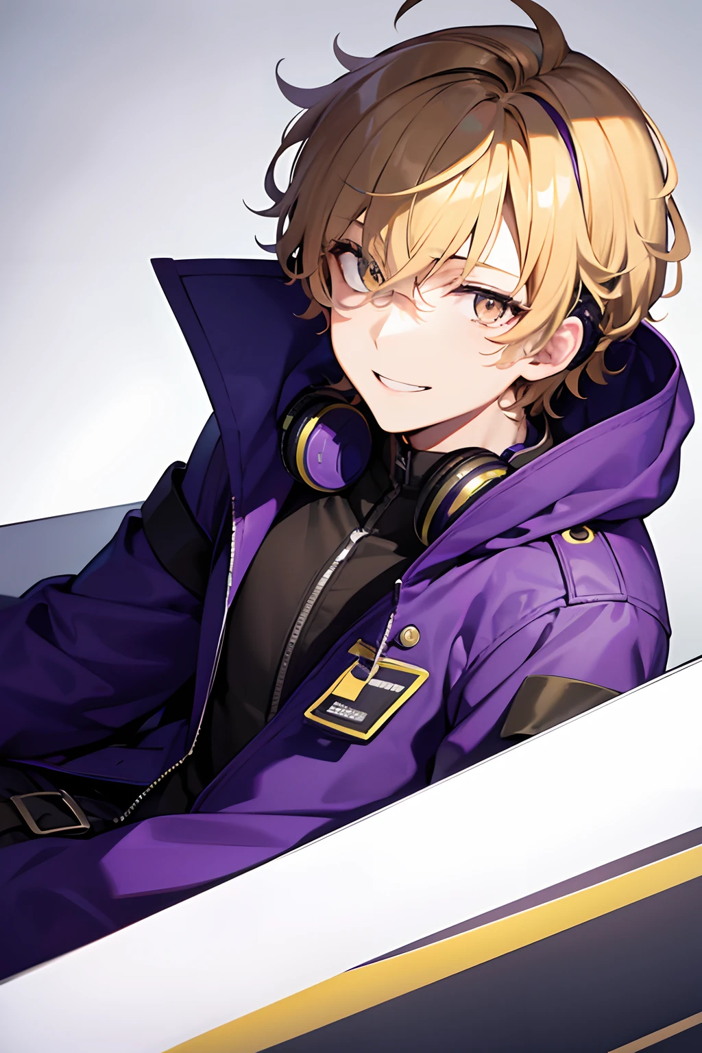 1man, short curly blonde hair, purple and yellow eyes, wearing jacket, wearing overcoat, wearing pants, white background, wearing headphones, looking at viewer, smiling, high res, ultra sharp, 8k, masterpiece