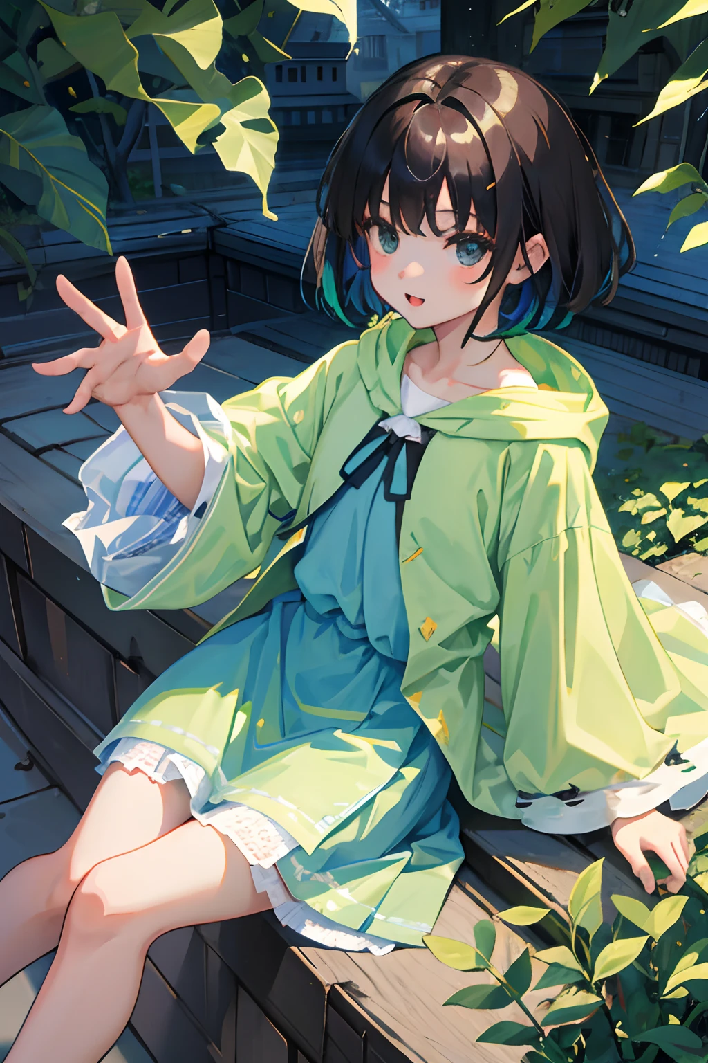 (child),(masterpiece,Highest Quality),Light green hoodie with short sleeves,(Long skirt with gingham check),A dark-haired,On the rooftop,observitory,the woods,mont,Colored leaves,momiji