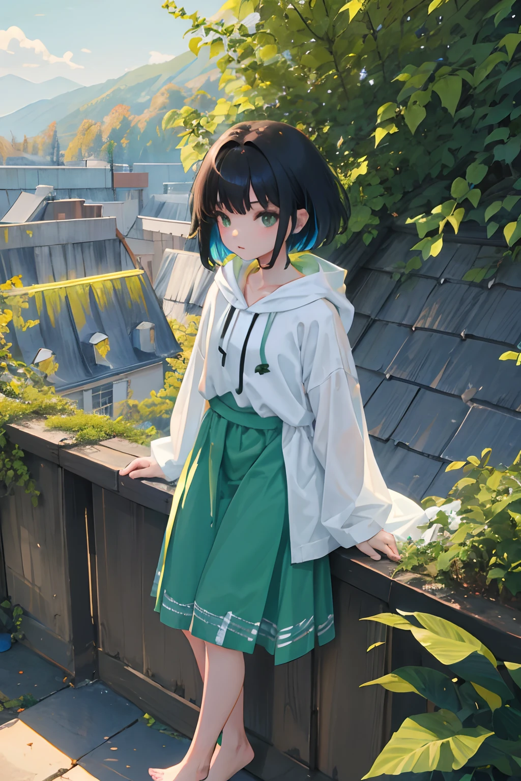 (child)，（​masterpiece，Highest Quality），Light green hoodie with short sleeves，(Long skirt with gingham check)，A dark-haired，On the rooftop，observitory，the woods，mont，Colored leaves，momiji