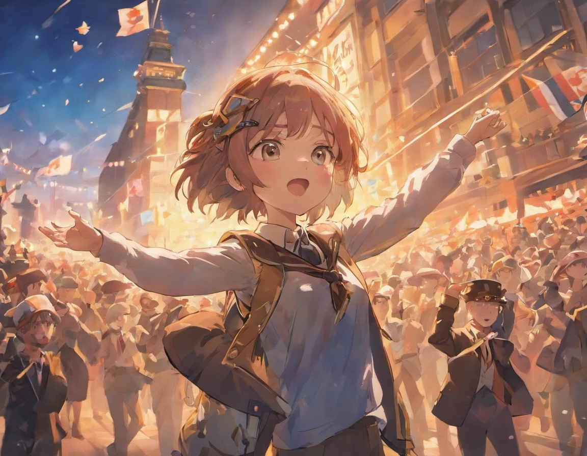 A flag salute in the jamboree with the Scouting Band, all the Scouts threw their hats into the sky (style anime)