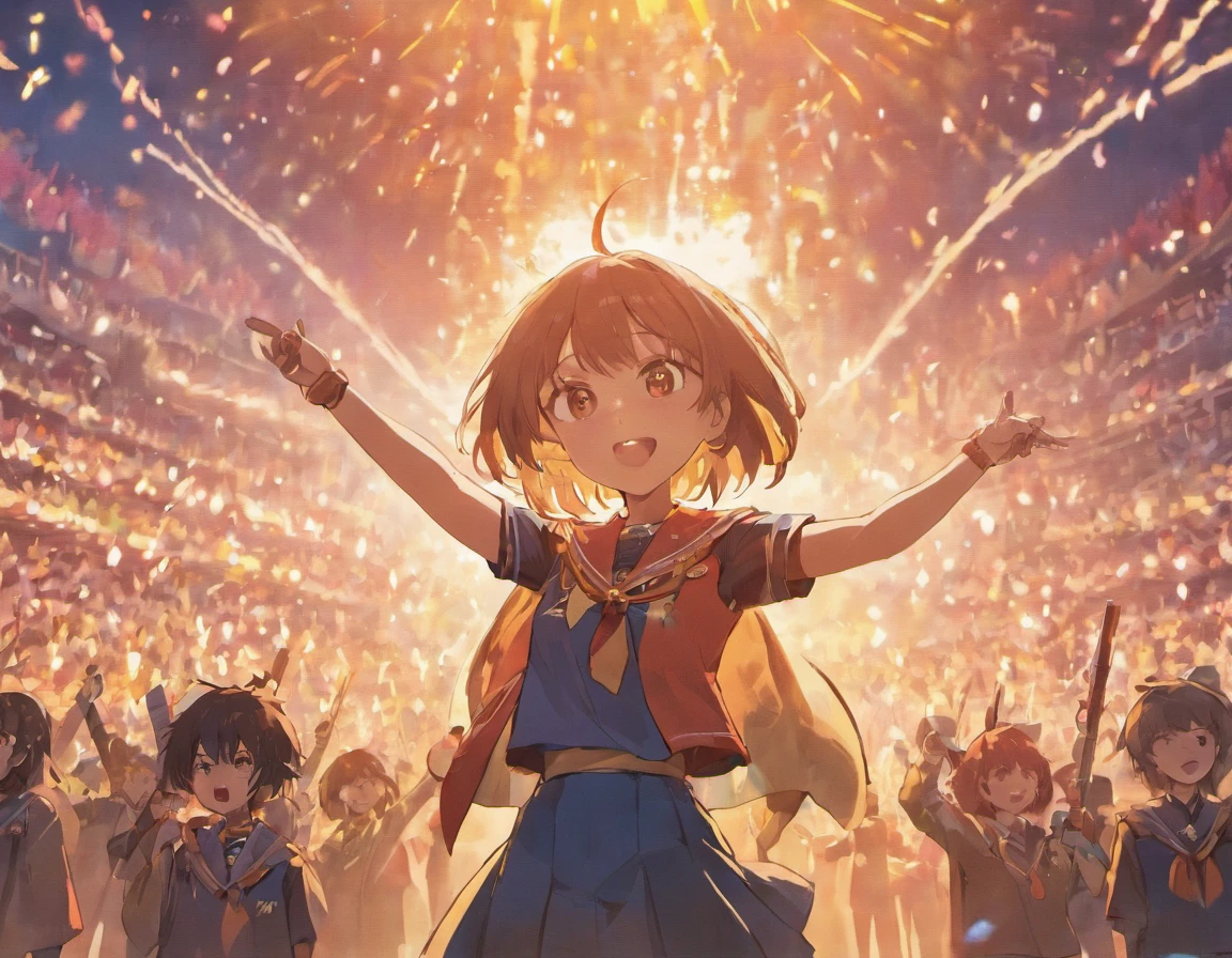 A flag salute in the jamboree with the Scouting Band, all the Scouts threw their hats into the sky (style anime)