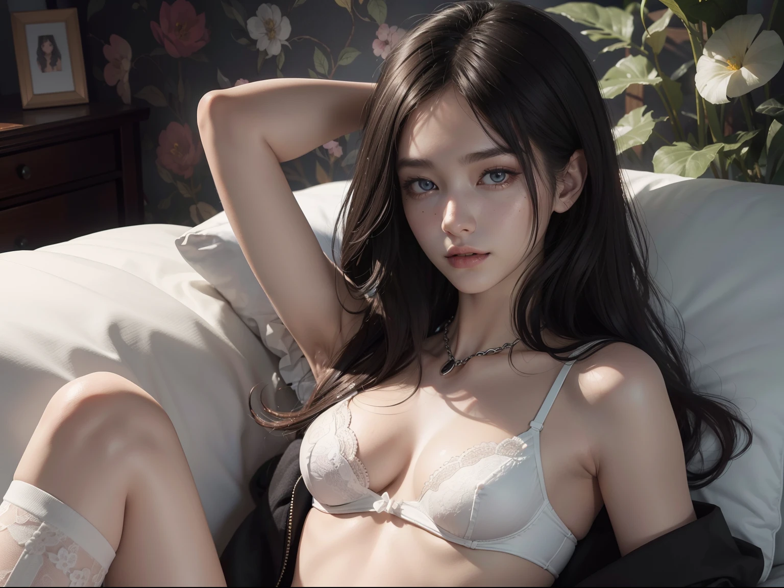 (Hyper-realistic), (Illustration), (High resolution), (8K), (Extremely detailed), (Best Illustration), Yol ( chain saw man ), (Beautiful detailed eyes), (Best Quality), (Ultra-detailed), (masutepiece), (Wallpaper), (Detailed face), Solo, Upper body, Focus on Face, 1 girl, Long Black Hair, Korean, Thin eyeshadow, A detailed eye, Brown eyes, Small moles under the eyes, very slender legs,Small breasts,Smaller chest,Black knee socks, Dynamic Pose, low illuminance, Night, Dark, Clouds, a dark night,sleeps in a bed,Happy,White panty,White bra,