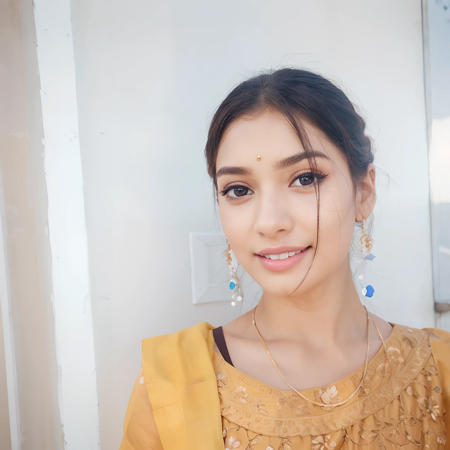 Russian girl , goldBraun hair blue eyes thick chubby smiling face white skin, masterpiece, (best quality:1.2), [:intricate details:0.2], fair glowing skin , angel face ,  round face , paf bun hair style, lipstick ,on bad , wearing Indian black lacey suut dupatta salwar , red bangles in hand,