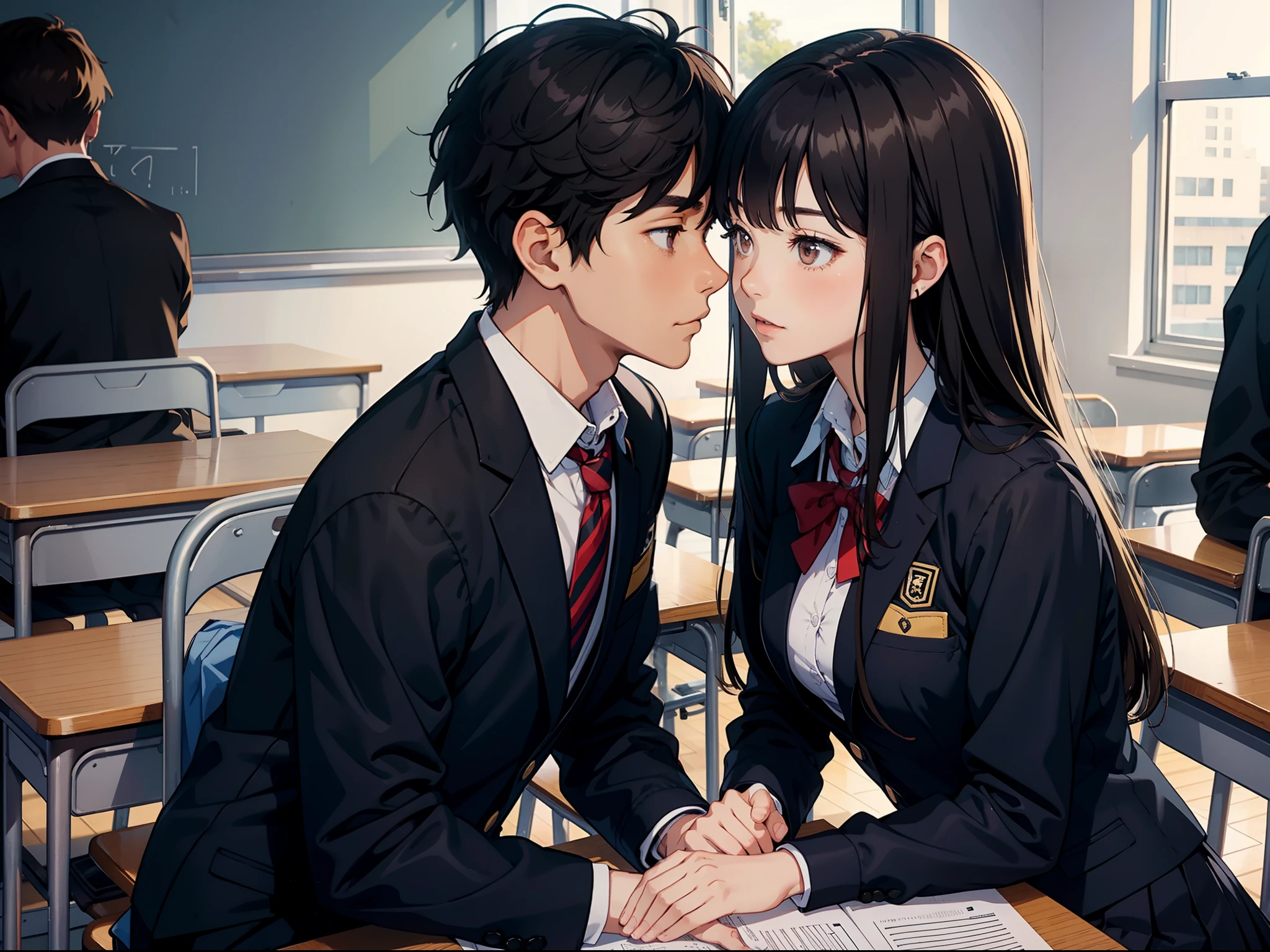 Male and female couple in high school uniforms、Classroom、There are black-haired men and blonde women with height differences、Brown eyes