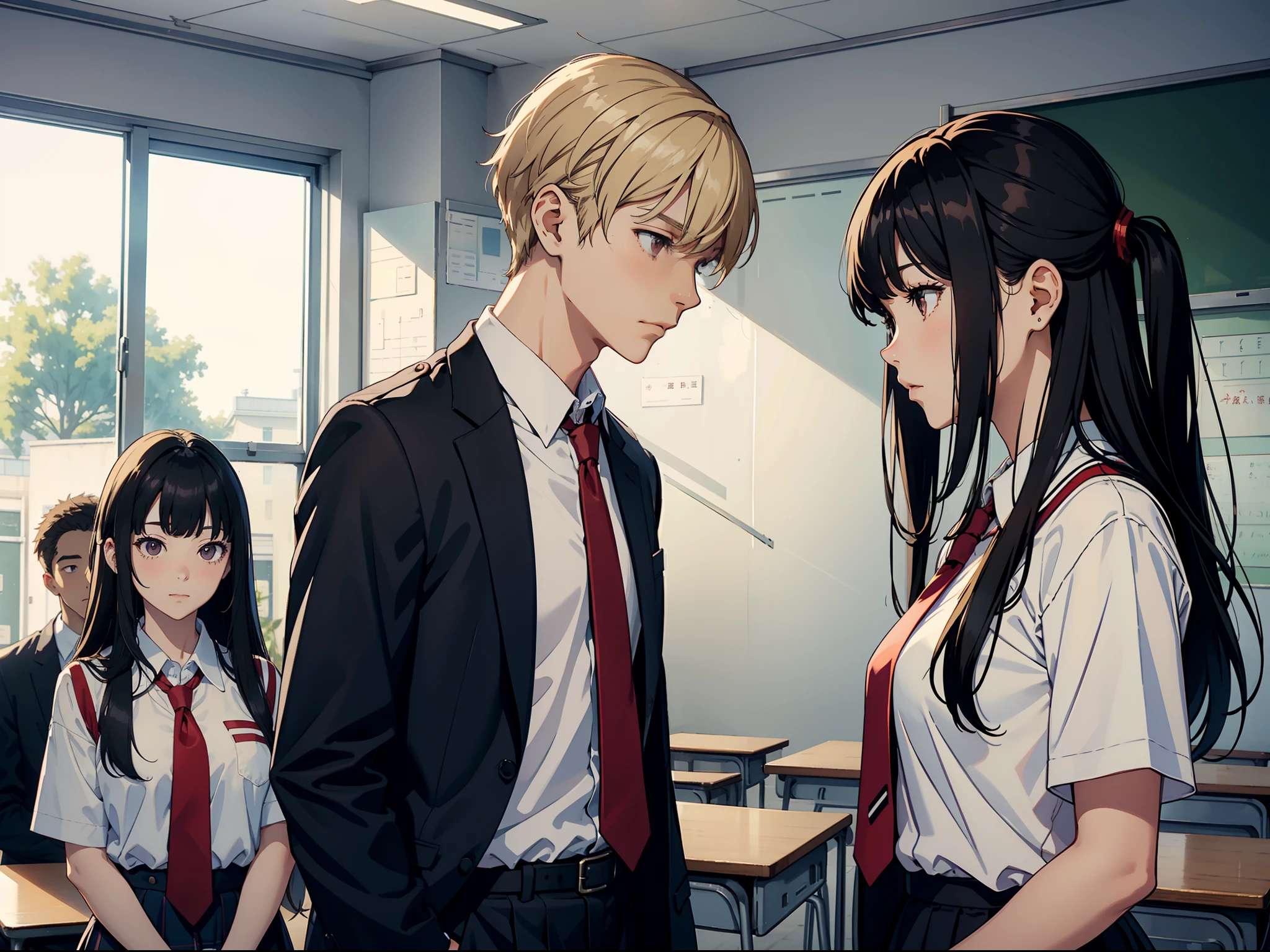 Male and female couple in high school uniforms、Classroom、There are black-haired men and blonde women with height differences、Brown eyes