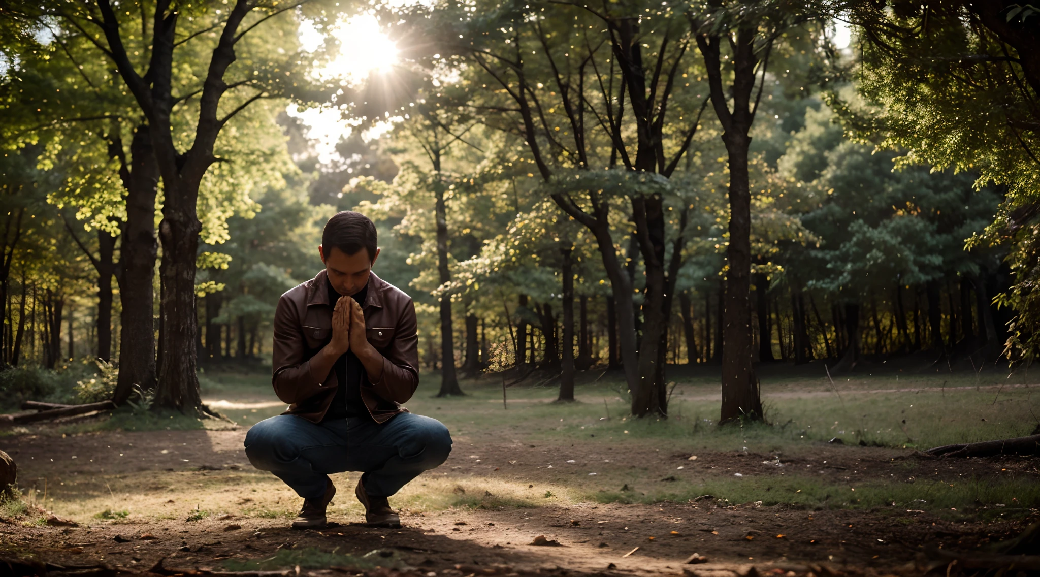 A man praying on his knees in a forest with trees in bloom, um rio ao lado, and a sunset in the background, (best quality, 4k, Alto,master part:1.2), ultra-detalhado, (Realistic,fotorrealista:1.37), HDR, vivid colors, Bokeh, Retrato, Landscape, 3D rendering, foco nítido, soft-lighting