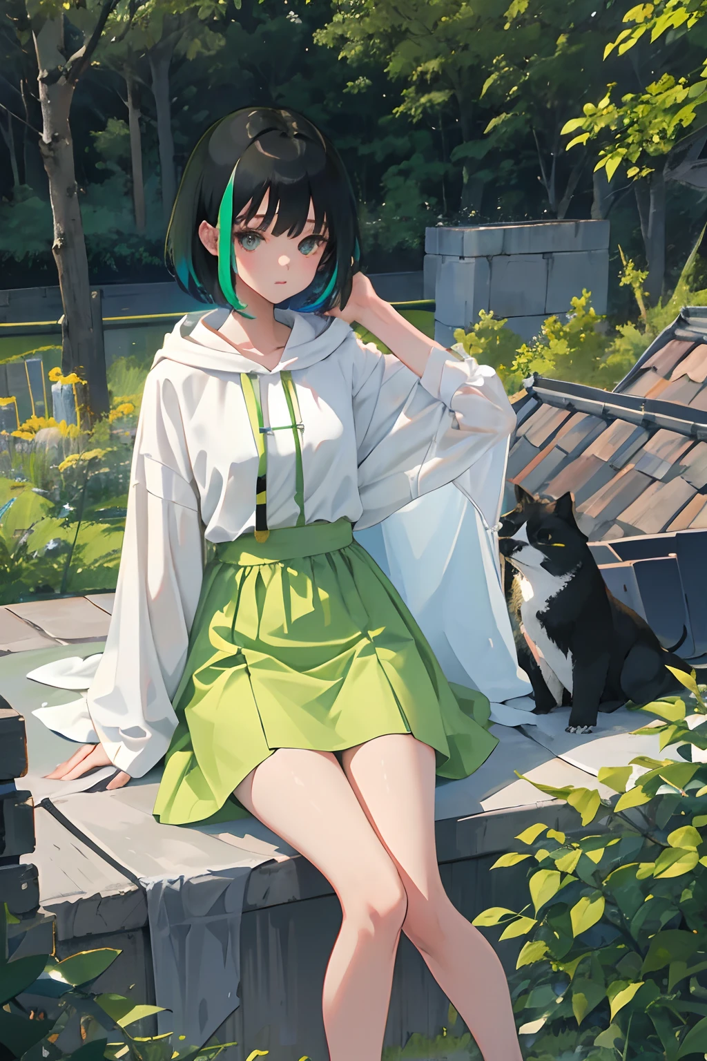 (child)，（​masterpiece，Highest Quality），(Long skirt with gingham check)，Light green hoodie with short sleeves，A dark-haired，On the rooftop，observitory，the woods，mont，Colored leaves，momiji