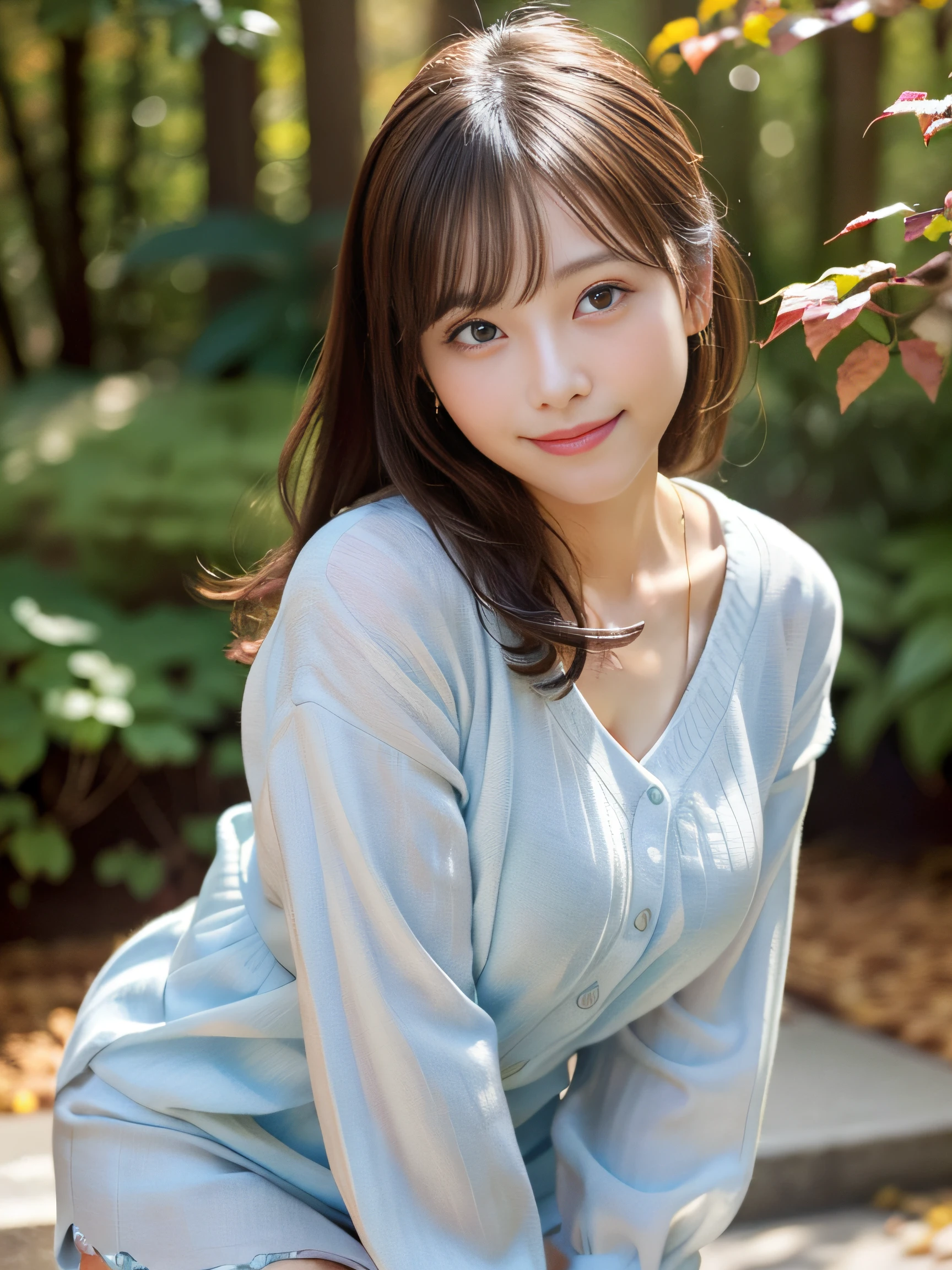 ((Thin long-sleeved knit,、No underwear、thighs thighs thighs thighs:1.2))、Moe Sleeve、(realisitic、Photorealsitic、ultra-detailliert、Highest Details Skins、top-quality、​masterpiece、超A high resolution)、Cute Japan Woman、23years old、younggirl、I have bangs、二重まぶた、drooing eyes、Large black eyes、Japanese style face、Cute smile、Charming、purity、Straight face、double tooth、View here、Realistic skin type、Slightly from above、arms to the sides