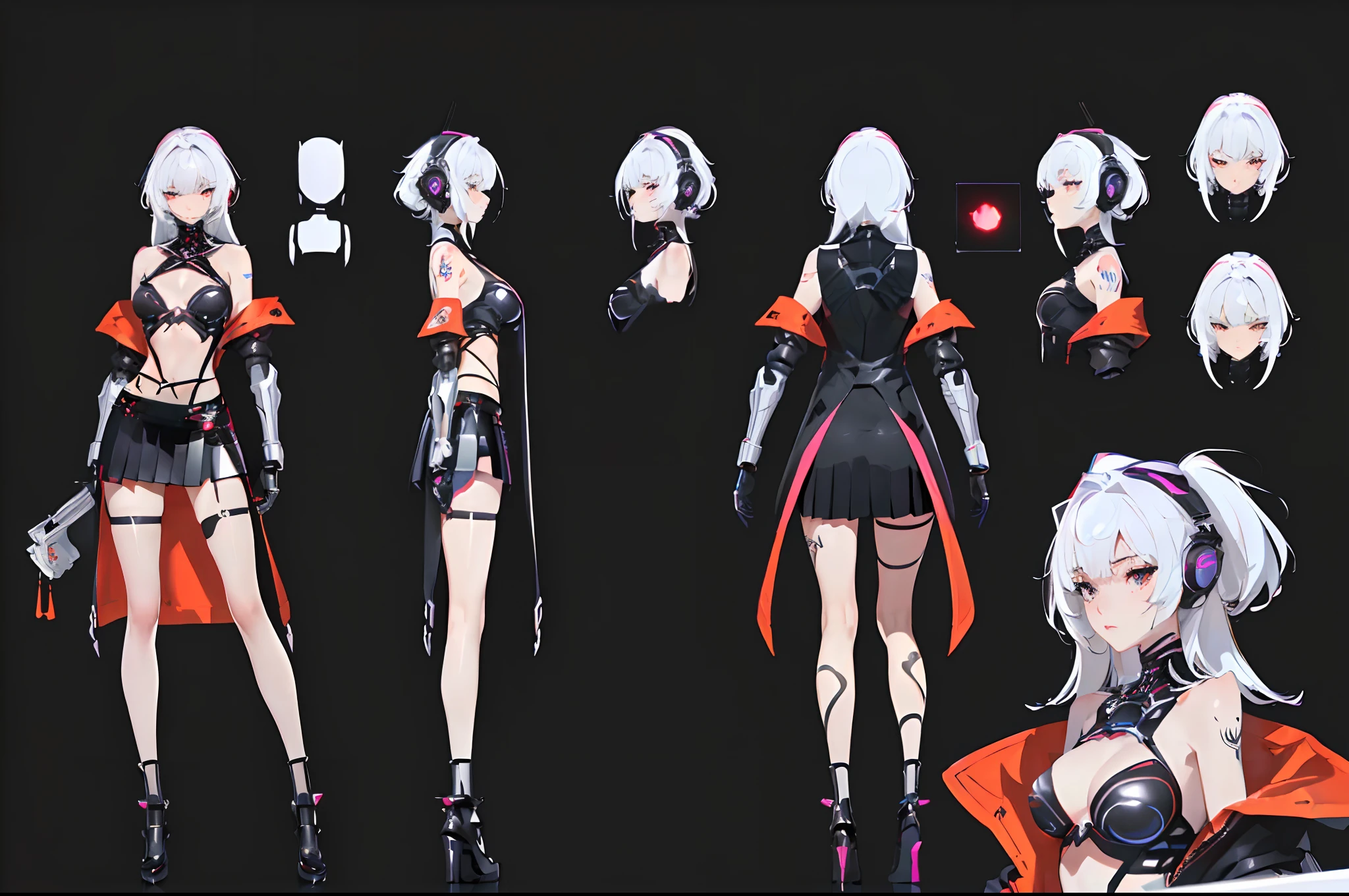 Masterpiece，Best quality，Perfect lighting，extremaly detailed cg，unified，8K wallpapers，CharacterDesignSheet，perfectly proportions，character  design（reference sheet：1.5）, model sheet, (multiple views [full bodyesbian|From behind|From the side Side|from the front side|Close-up|Upper body|Portrait]:1)，1girll，cyber punk style，1 robotic arm，black short skirt，Transparent coat top，Bare with thighs，1 leg covered with spider web tattoos，Armed with a long knife，simplebackground，with black background，full bodyesbian，