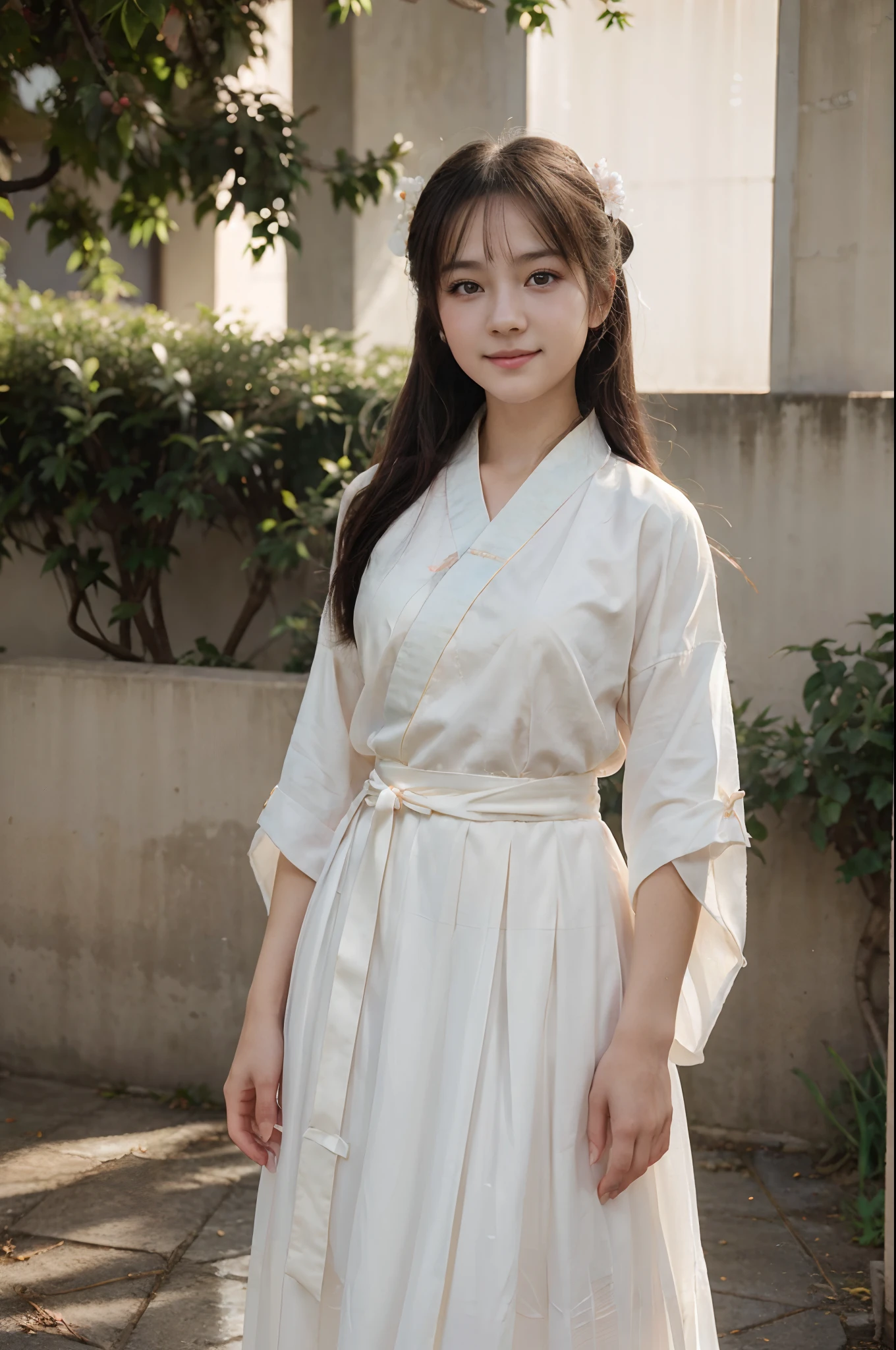 L'image d'une jeune fille vietnamienne de 18 ans portant un ao dai blanc fluide et un chapeau conique traditionnel, debout sous un poinciana aux fleurs violettes, is a truly poetic and culturally rich image. L'ao dai blanc, symbol of purity and grace, rehausse la douce beauté de la jeune fille. Le chapeau conique protège du soleil, evoking the rustic image, simple but no less elegant of the Vietnamese woman.

Sous la canopée de l'arbre Poinciana, clusters of bright purple flowers bloom, creating a romantic and colorful scene. La couleur violette de la fleur poinciana et la couleur blanche de l’ao dai se mélangent, creating a harmonious and attractive image. Sunlight gently penetrates the foliage, creating shimmering streaks of light, illuminant le visage jeune et le sourire charmant de la jeune fille.