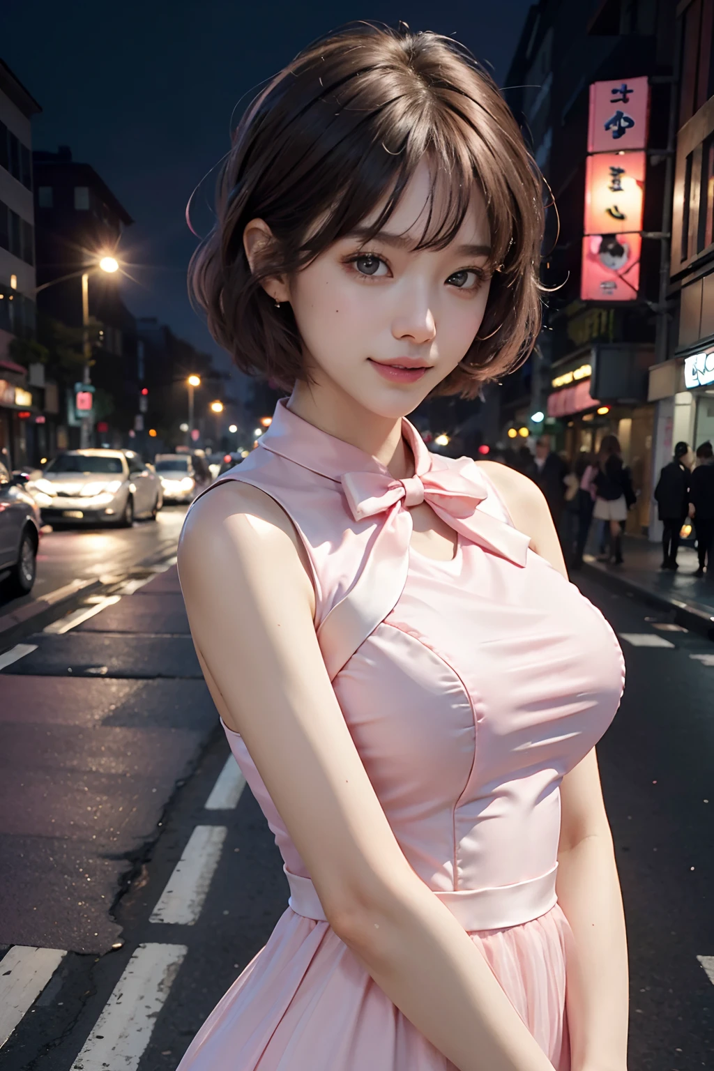 1 Beautiful Japan Woman, Mature, prostitute, Detail Eyes, 二重まぶた, Brown eyes, Red lips, Huge breasts, Purple see-through blouse, Red mini skirt, Charming smile, Sheer Pink Shorthair, the city street, thighs thighs thighs thighs, Front view, Perfect Anatomy, Best Quality, Ultra High Resolution, masutepiece, Photorealistic:1.3