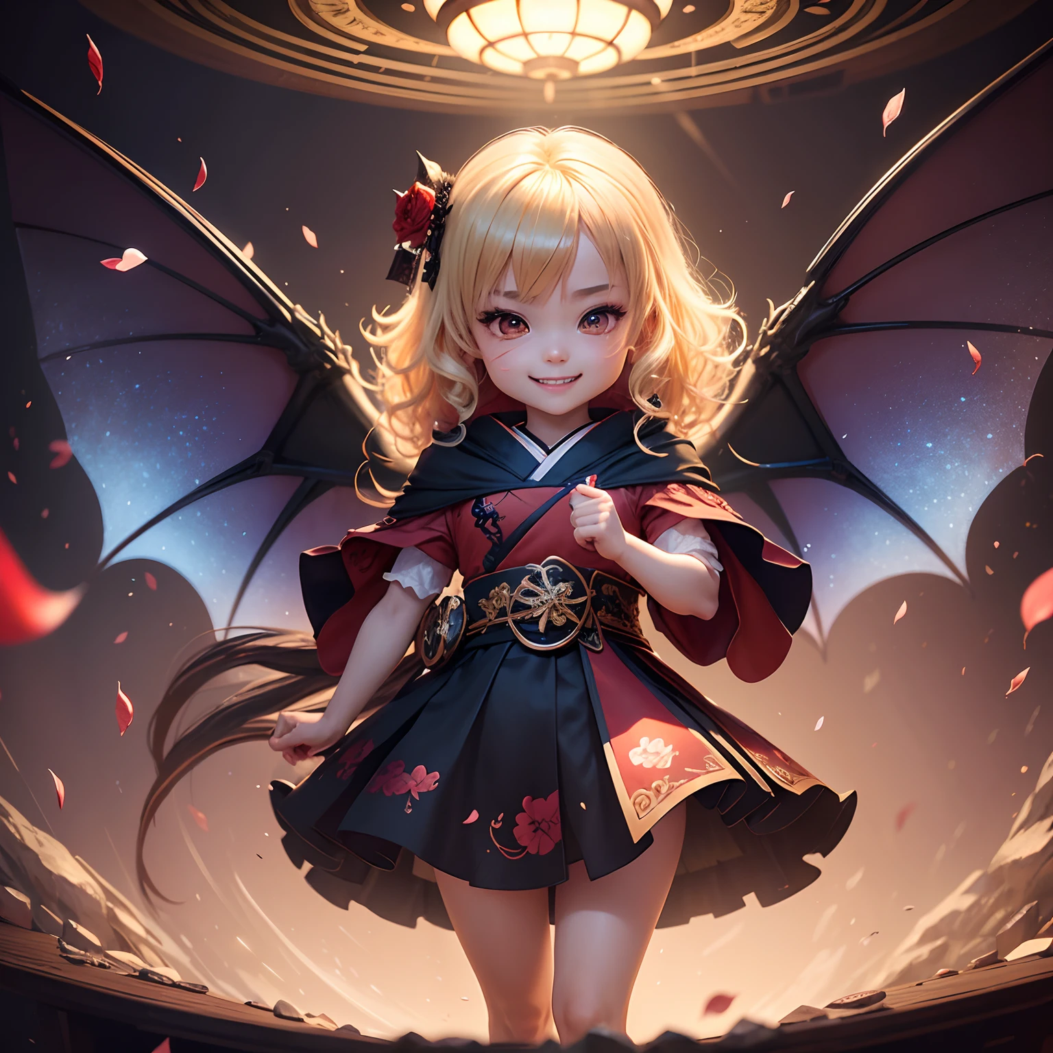 finest image, detailed and delicate depiction, Japanese painting, ukiyo-e style, (chibi character, deformed, full body, big head:1.5, line art), cute vampire, fearless smile, large sparkling fangs protruding from the mouth, messy blonde medium hair, paw pose, red dress and black cloak, wings, iridescent light glass crystal metal-plated fantasy room, background that emits fantastic light, light particles, light sparkles, iridescent light particles, many falling petals, professional lighting